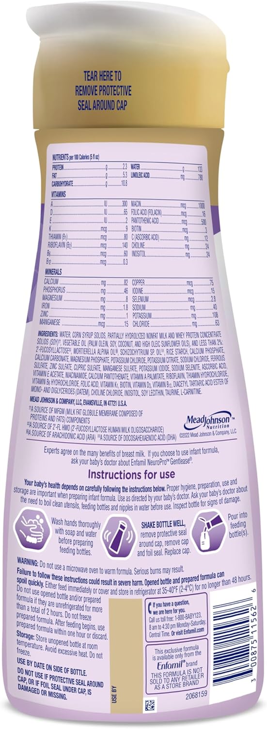Enfamil NeuroPro Gentlease Ready-to-Feed with Smaller Proteins for Easy Digestion, Brain Supporting DHA, Prebiotic, HuMO6* Blend, Baby Formula for easing Fussiness, Crying, Gas, Spit-up in 24hrs, 32 Fl Oz,Liquid, Pack of 6