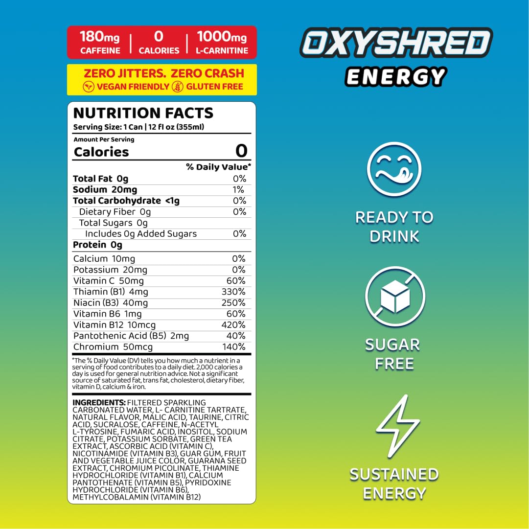 EHP Labs OxyShred Healthy Energy Drink - Zero Sugar Energy Drinks with Amino Acids, Green Tea Extract, Vitamin C & L Carnitine - Zero Carbs, Zero Calories, Clean Caffeine, Bahama Breeze (12-Pack)