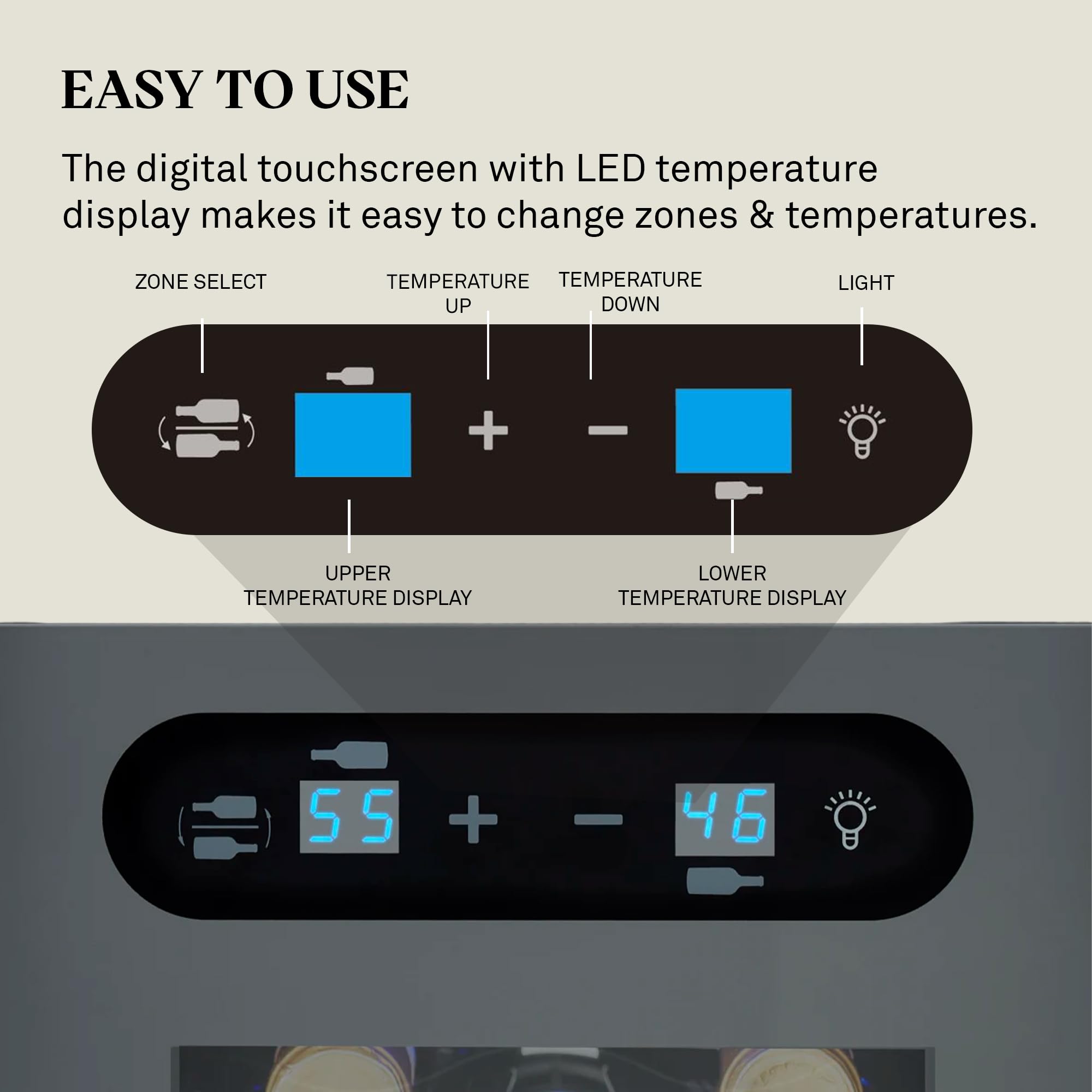 Wine Enthusiast 18-Bottle Slimline Dual Zone Wine Cooler - Energy Efficient Freestanding Wine Refrigerator - Upright Bottle Storage, Adjustable Thermostat, Digital Touchscreen (20.5” x 10.7" x 36.8”)