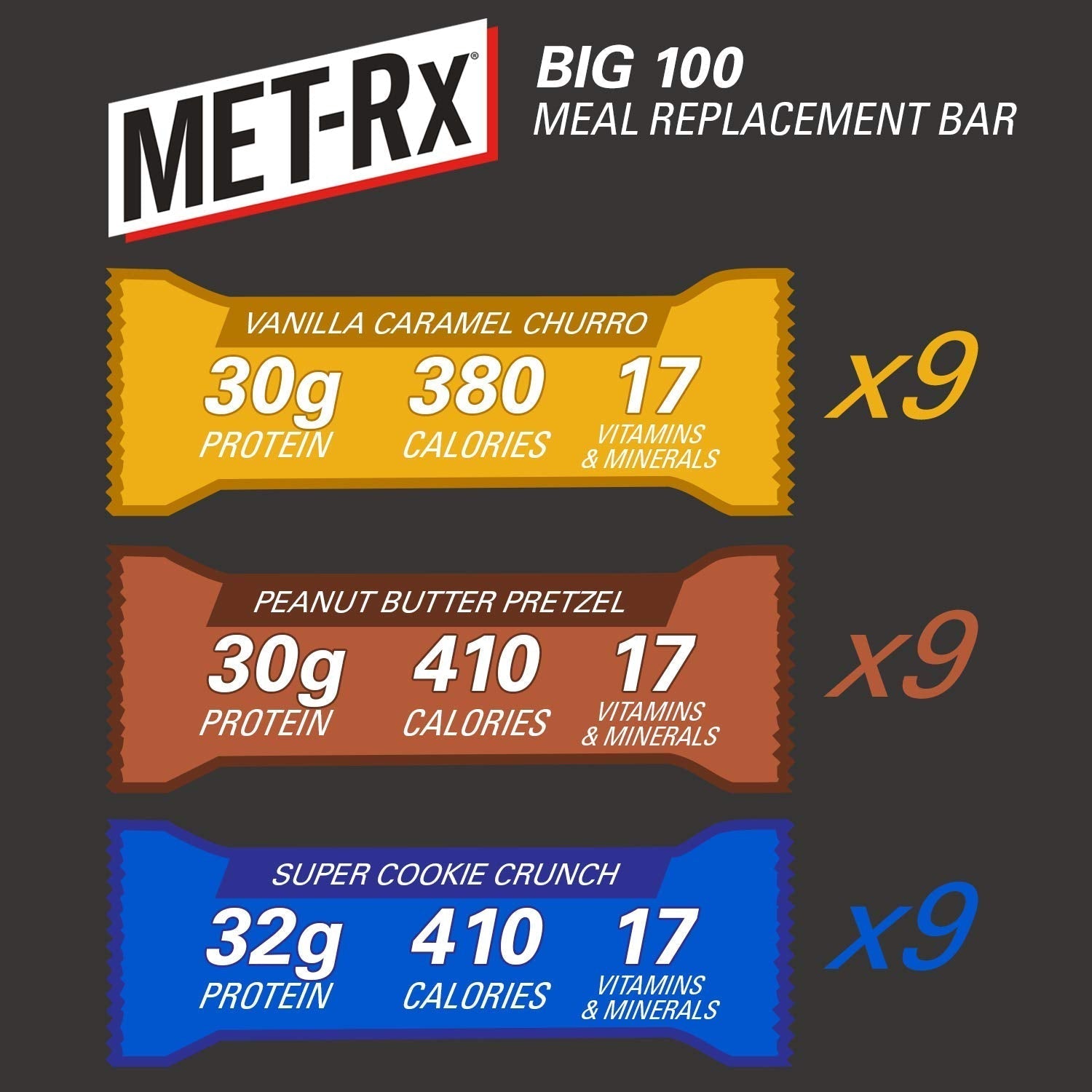 MET-Rx Big 100 Protein Bar, Meal Replacement Bar, 32G Protein, Super Cookie Crunch, 9 Bars (Pack of 1)