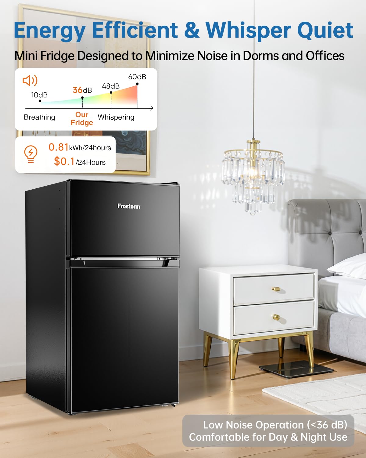 Frostorm 3.2 Cu Ft Mini Fridge with Freezer - Energy Efficient, Large Capacity Single Door Upright Freezer for Bedroom, Office & Dorm | Small Fridge, Reversible Door, ETL Certified(Black)