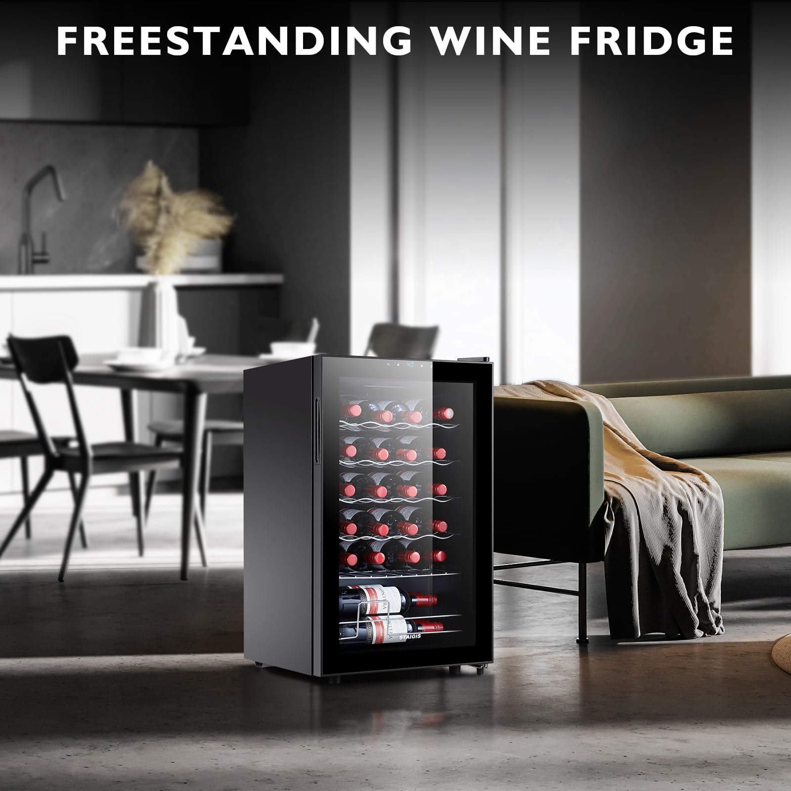STAIGIS 24 Bottle Mini Fridge, Small Freestanding Wine Cooler Refrigerator for Red and White with 40-66F Digital Temperature Control Glass Door