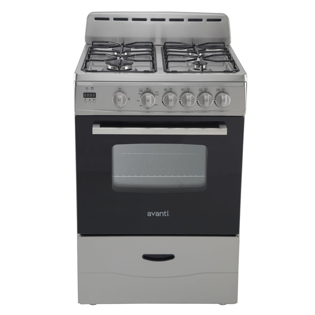 Avanti Compact Gas Range Oven 24-Inch with 4 Sealed Burners Automatic Electronic Ignition Large 2.6 cu.ft. Oven Storage Drawer Glass Door and Oven Light, in Stainless Steel