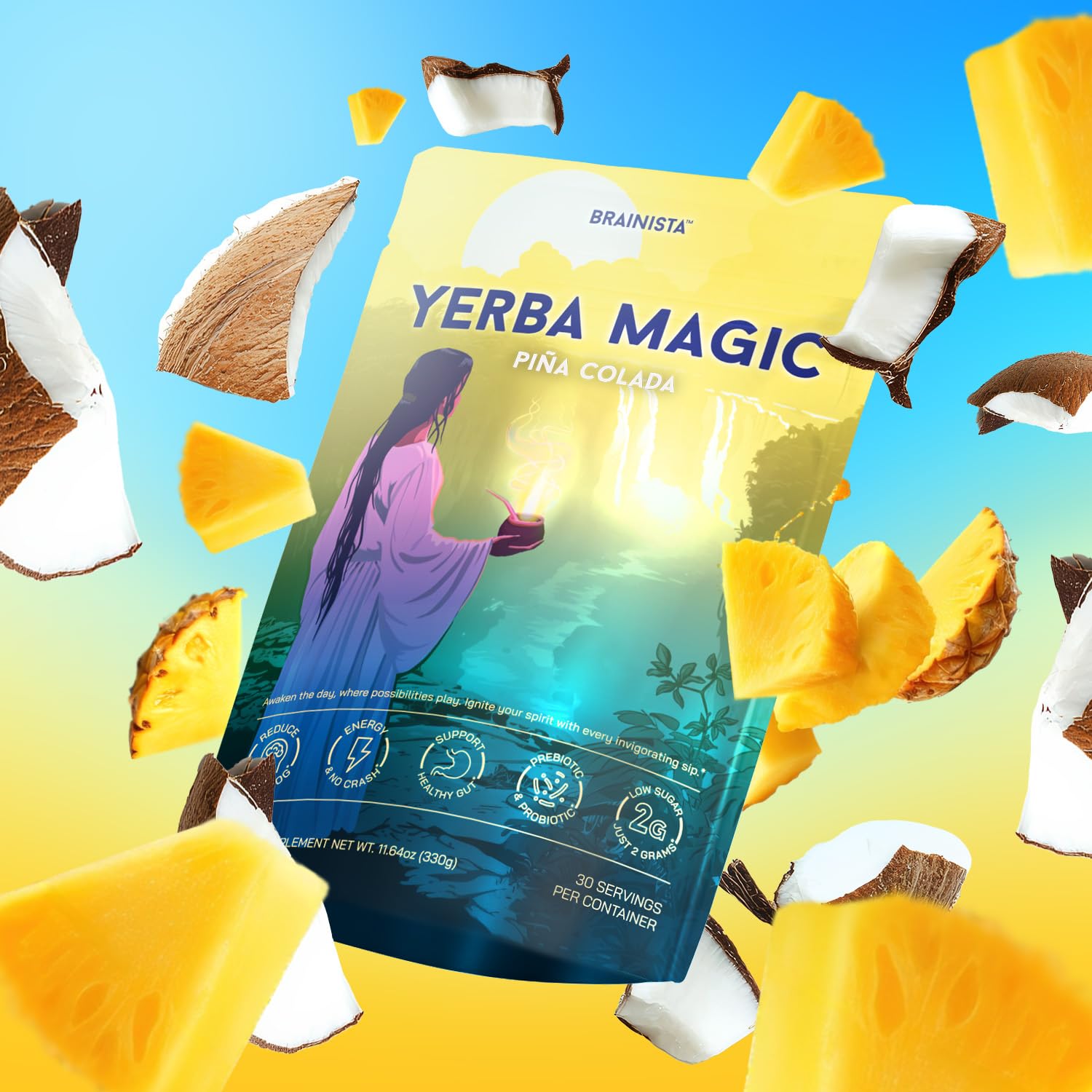 Yerba Magic – Yerba Mate Tea Instant Powder Super Drink with Nootropics, Prebiotics & Probiotics – Clean Energy, Mental Clarity & Gut Wellness | Low Sugar, Natural Caffeine – Peach Mango, 30 Servings