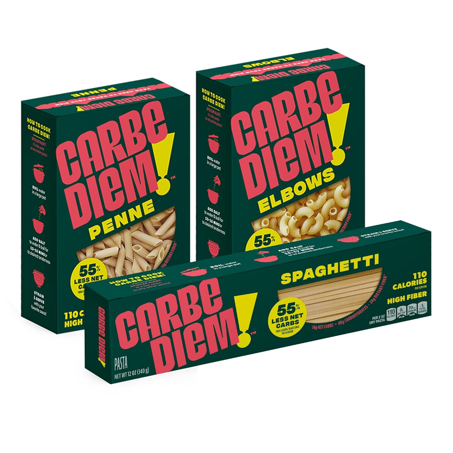 Carbe Diem!, Rotini, Lower Net Carb Pasta with Traditional Flavor & Texture, 8 grams of Protein, 55% Fewer Net Carbs & Only 110 Calories Per Serving, Pack of 3