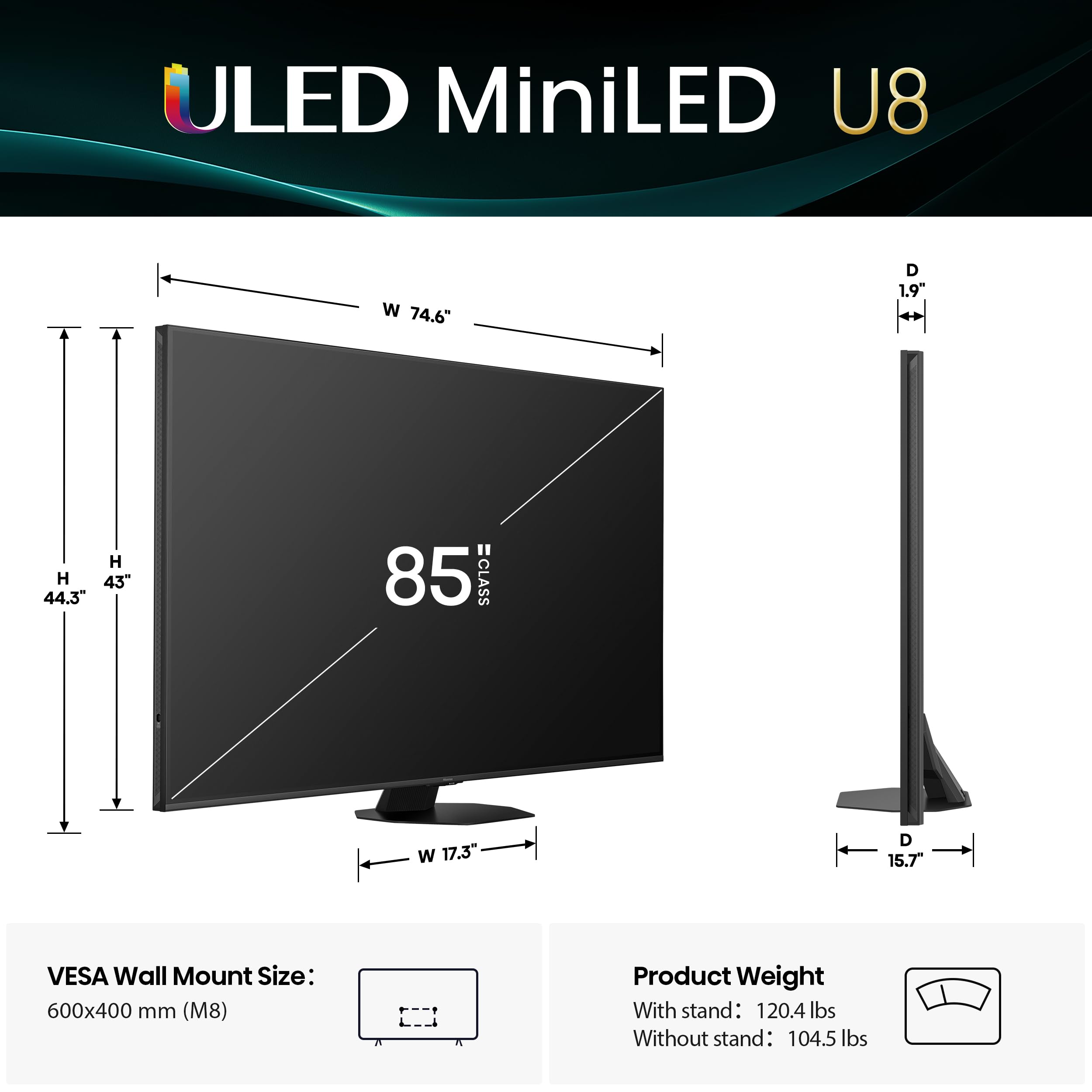 Hisense 65" U8 Series ULED Mini-LED 4K UHD Smart Google TV (65U8QG) - QLED, Native 165Hz, VRR 288, Up to LD5600, 5000 Nits, HDR10+, Dolby Vision IQ · Atmos, IMAX Enhanced, 4.1.2 Ch Audio