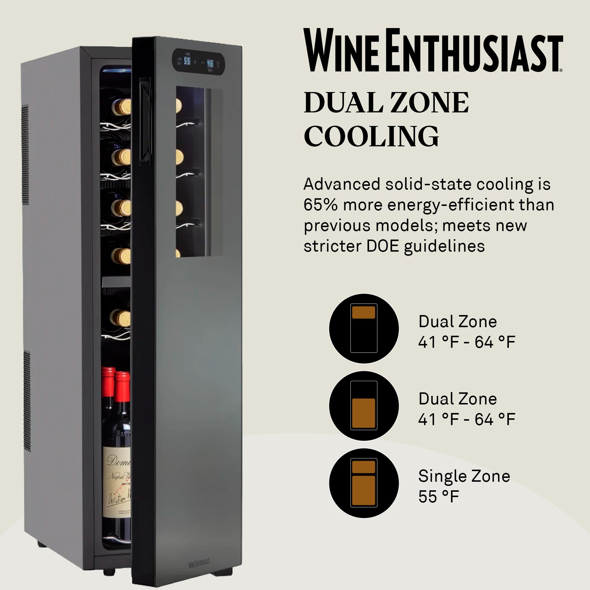 Wine Enthusiast 18-Bottle Slimline Dual Zone Wine Cooler - Energy Efficient Freestanding Wine Refrigerator - Upright Bottle Storage, Adjustable Thermostat, Digital Touchscreen (20.5” x 10.7" x 36.8”)