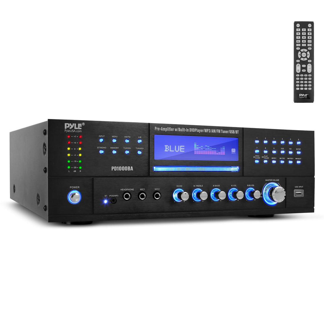 Pyle 4-Channel 1000W Power Amplifier with Bluetooth - Wireless Stereo Home Audio Receiver w/ Front Loading CD DVD Player, FM Radio, USB-A, Headphone, 2 Microphone w/ Echo, LED, Rack Mount - PD1000BA