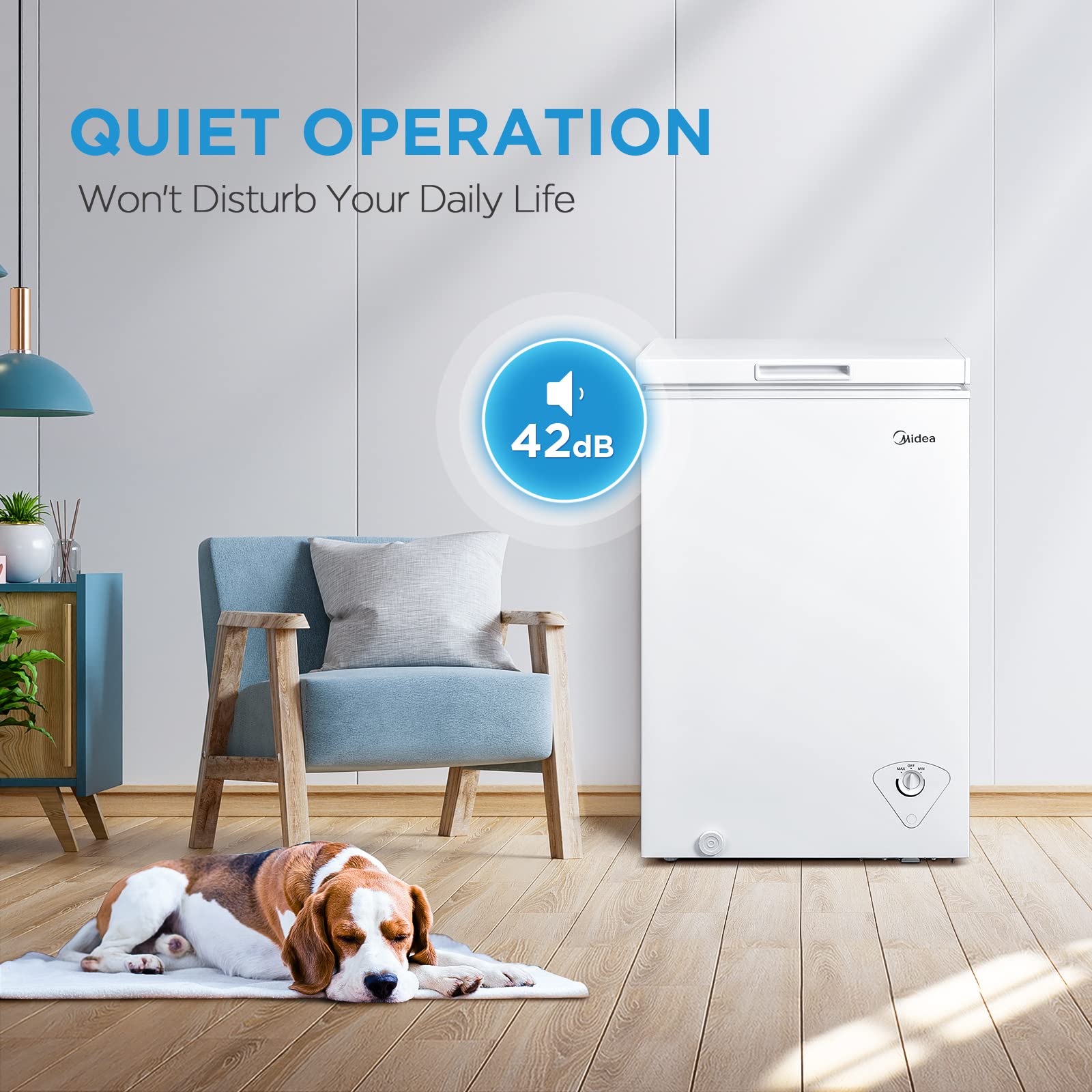 Midea MERC04C4BAWW Chest Freezer, 3.5 Cubic Feet Freezer With Removable Basket, Interior LED Light, Adjustable Temperature, For Kitchen Apartment Office, White