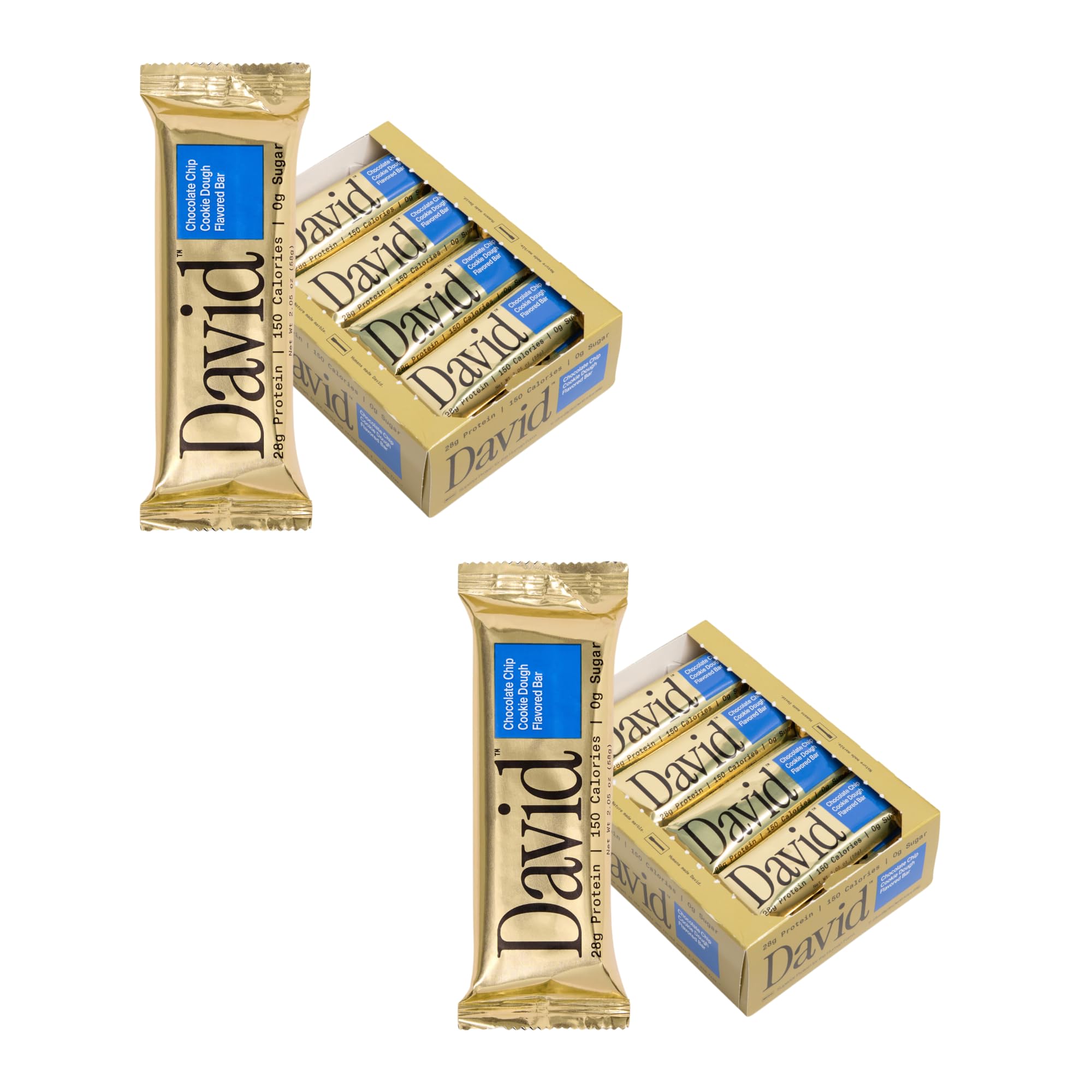 David High Protein Bars No Sugar - Sugar Free Protein Bars, Low Carb, Gluten Free - 28g of Protein, 150 Calories - David Bar On-The-Go Snack - Peanut Butter Chocolate Chunk Flavor, Pack of 12