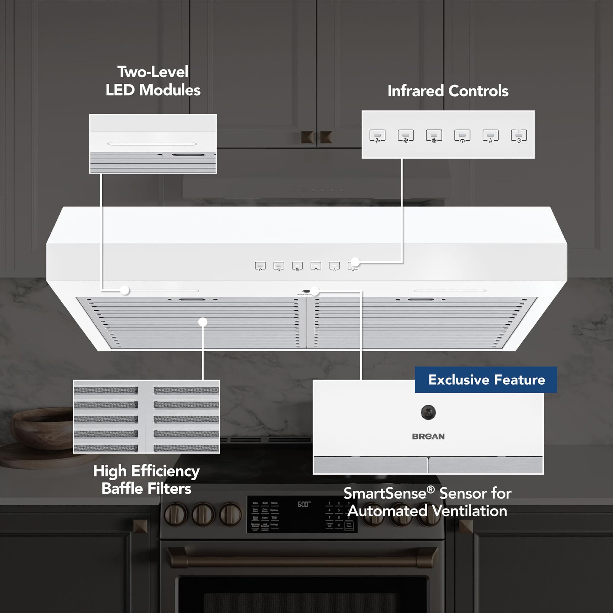 Broan-NuTone BCSQ130SS Three-Speed Glacier Under-Cabinet Range Hood with LED Lights ADA Capable, 1.5 Sones, 375 Max Blower CFM, 30-Inch, Stainless Steel