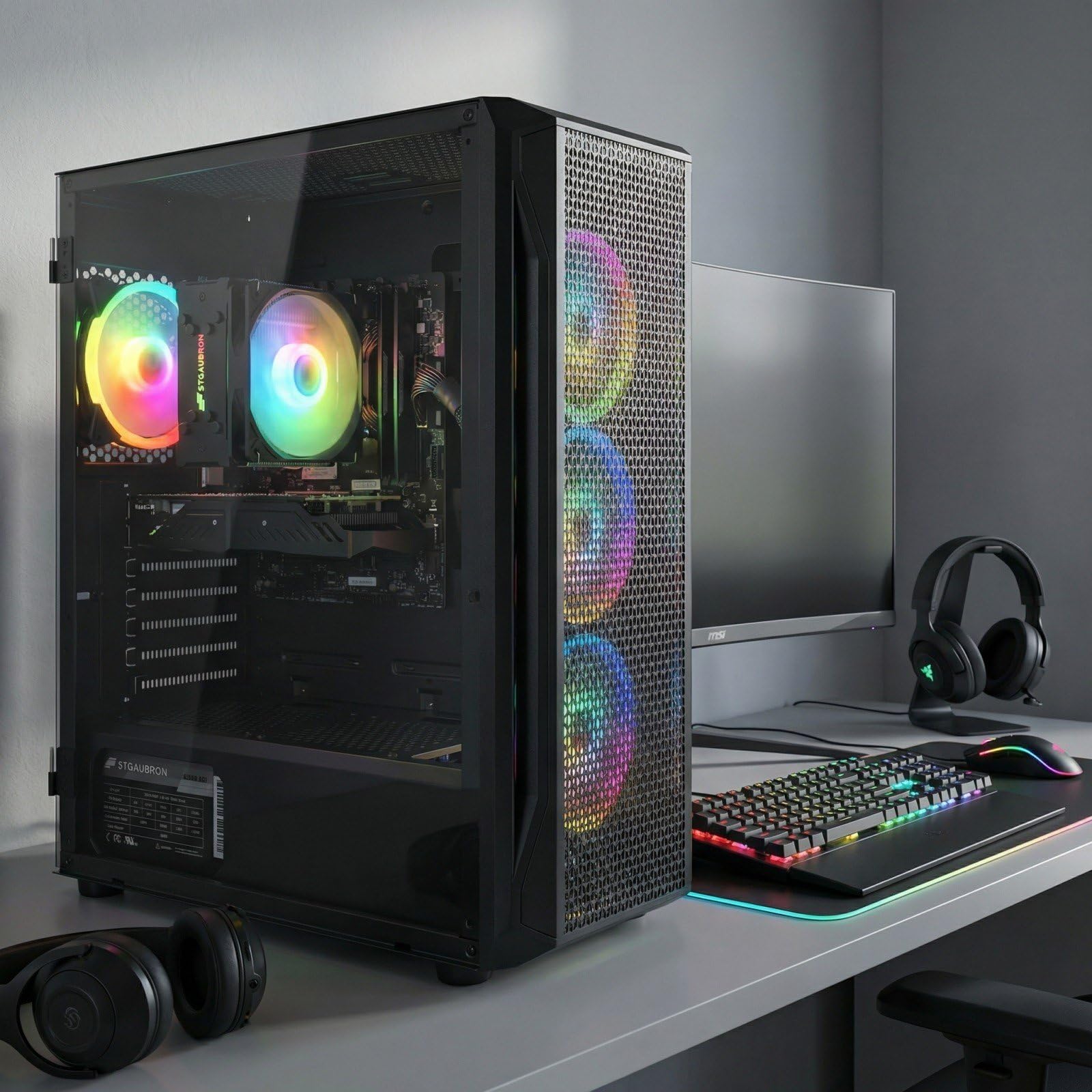 STGAubron Gaming PC Desktop Computer, Intel Core i7 up to 3.9GHz, Radeon RX 580 8G, 16G RAM, 512G SSD, WiFi 6, BT 5.0, RGB Fan x4, Windows 11 Home