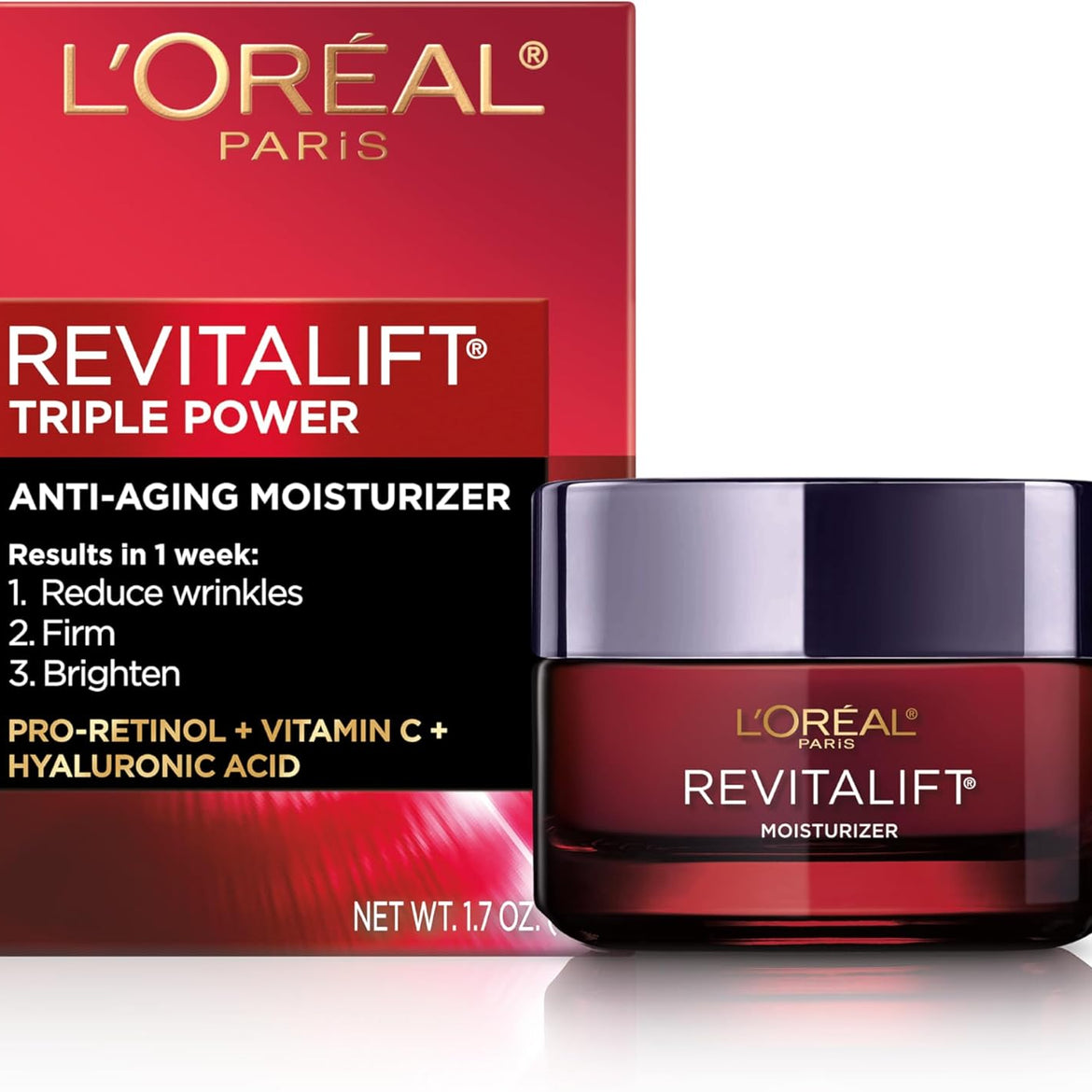 L'OREAL PARIS Skincare Revitalift Triple Power Anti-Aging Face Moisturizer with Pro Retinol, Hyaluronic Acid & Vitamin C to reduce wrinkles, firm and brighten skin, 1.7 Oz - (Packaging May Vary)