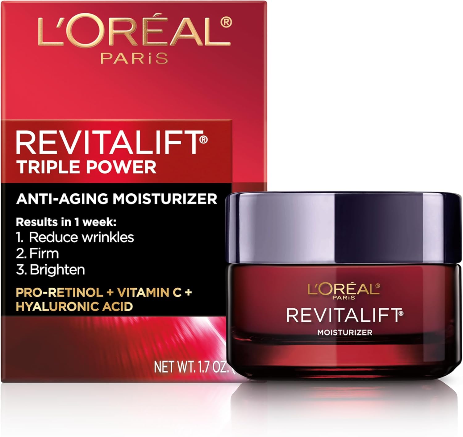 L'OREAL PARIS Skincare Revitalift Triple Power Anti-Aging Face Moisturizer with Pro Retinol, Hyaluronic Acid & Vitamin C to reduce wrinkles, firm and brighten skin, 1.7 Oz - (Packaging May Vary)