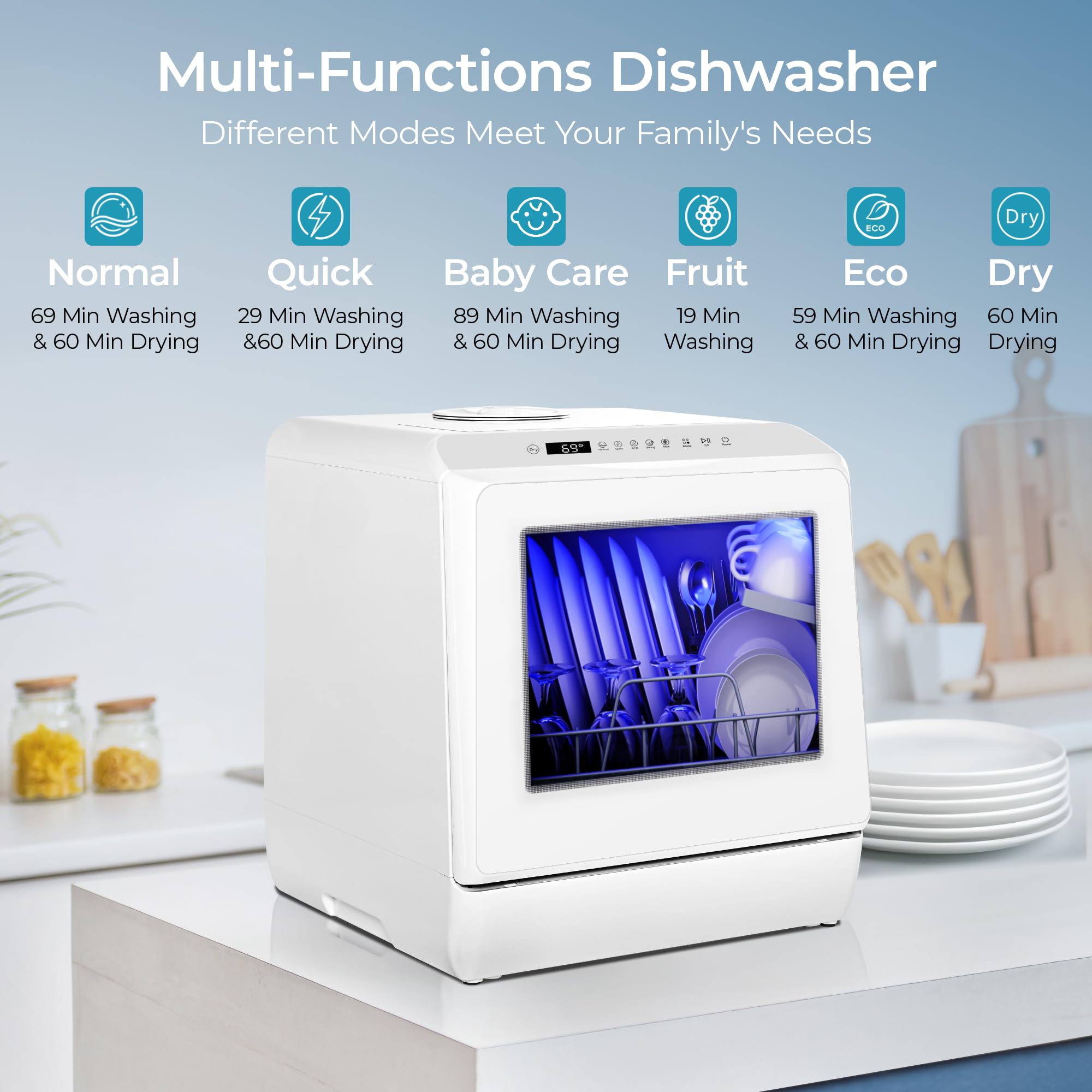 EUHOMY 6 Programs Countertop Dishwasher, Portable Dishwasher with 5L Built-in Water Tank & Inlet Hose, Mini Dishwasher for Apartments and RVs, High-Temp & Air-Dry Function, No Hookup Needed, Black