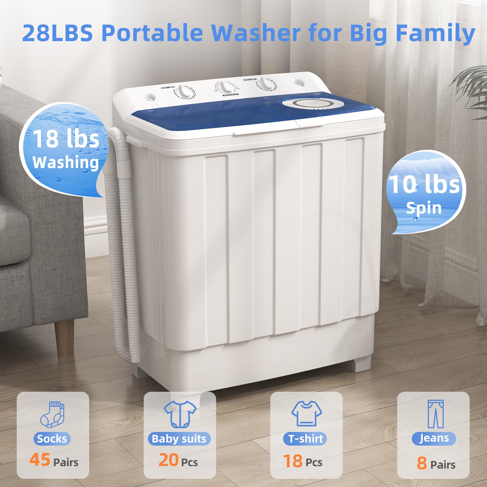VCJ Portable Washing Machine, Twin Tub Washing Machine Laundry Compact Washer spinner Combo with 14lbs capacity, 9Lbs Washer and 5Lbs Spinner dryer for Apartments RVs and Dorms