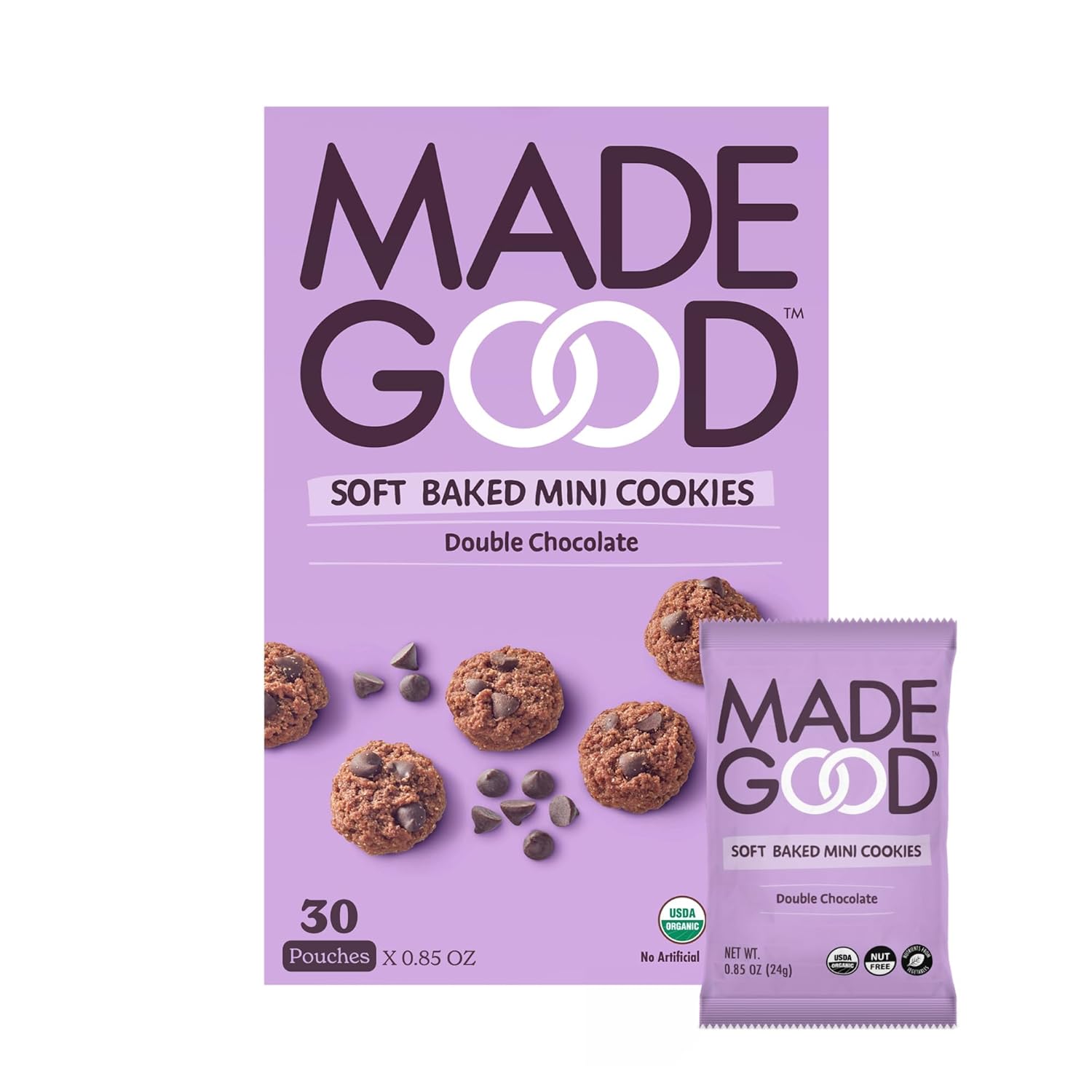 MadeGood Soft Baked Chocolate Chip Mini Cookies, Gluten Free & Safe For School Snacks, 30 Count