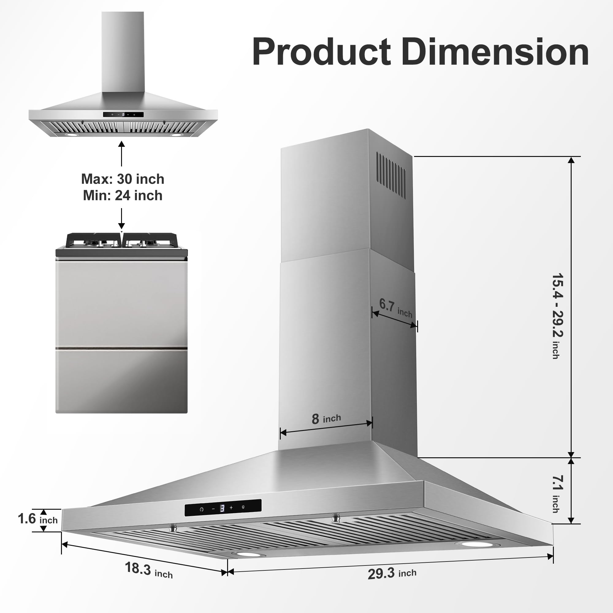 Tieasy Wall Mount Range Hood 30 inch with Ducted/Ductless Convertible Duct, Stainless Steel Chimney-Style Over Stove Vent Hood with LED Light, 3 Speed Exhaust Fan, 450 CFM
