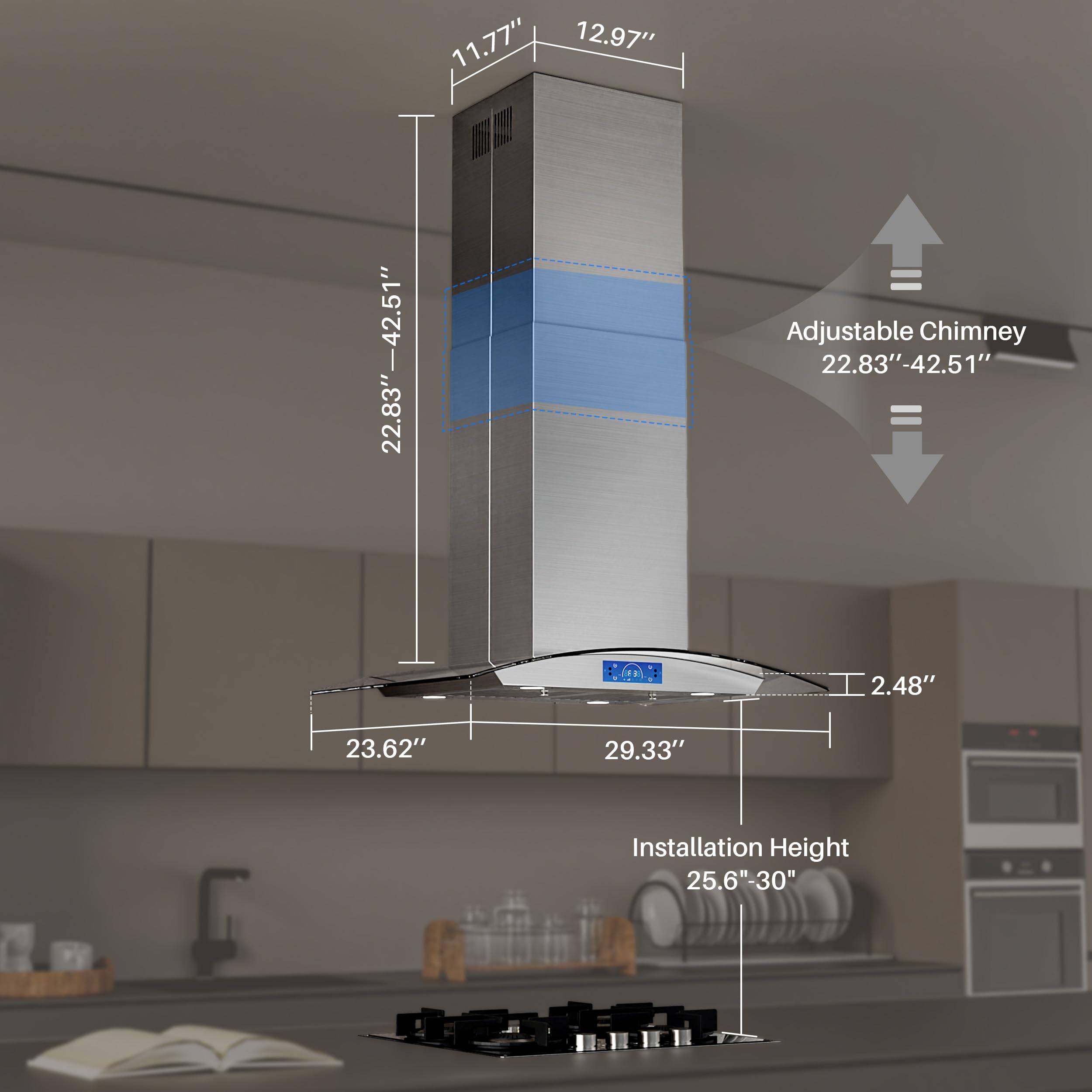 FIREGAS Island Range Hood 30 inch 700 CFM with Chimney, Ceiling Mount Kitchen Vent Hood with Tempered Glass, 4 LED Lights, Permanent Filters, Premium Touch Control Panel, Includes Charcoal Filter