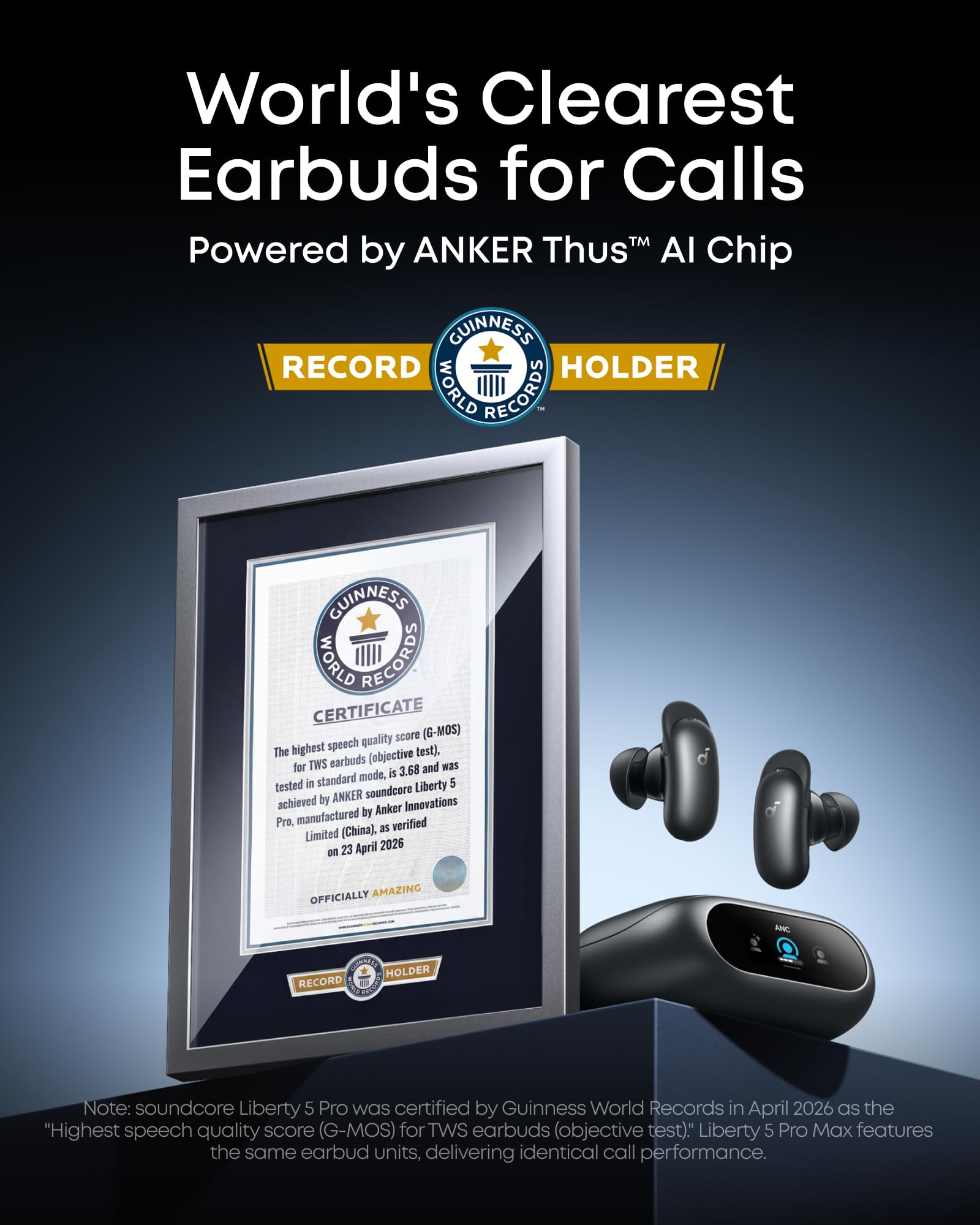 Soundcore Liberty 5 Pro,Guinness World Records-Certified Call Quality,Anker Thus™ AI Chip,Active Noise Cancelling Wireless Earbuds,Crystal-Clear Calls for Commute,Noisy Environments