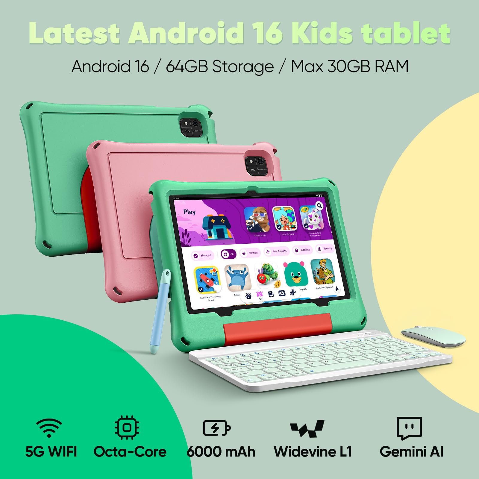 aiprotablet Kids Tablet, Android 16 Tablet for Kids 10 inch Octa-Core 2.2GHz with Case, 30GB RAM 64GB ROM, 2TB Expand, Parental Control, Dual Camera, BT, WiFi, with Keyboard Mouse Stylus, Gift (Pink)