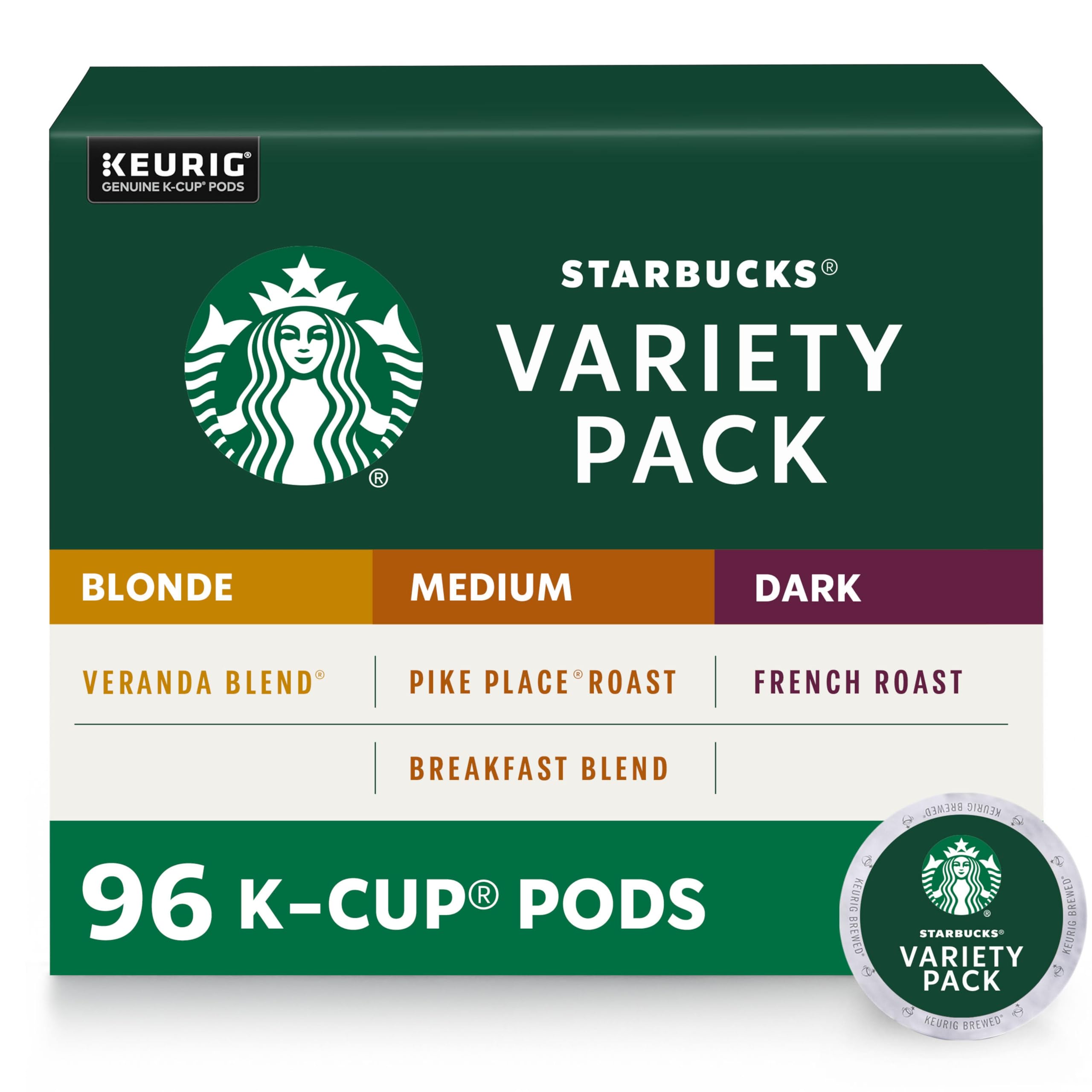 Starbucks K-Cup Coffee Pods, Medium Roast Hot or Iced Coffee, Pike Place Roast, 96 Keurig Pods