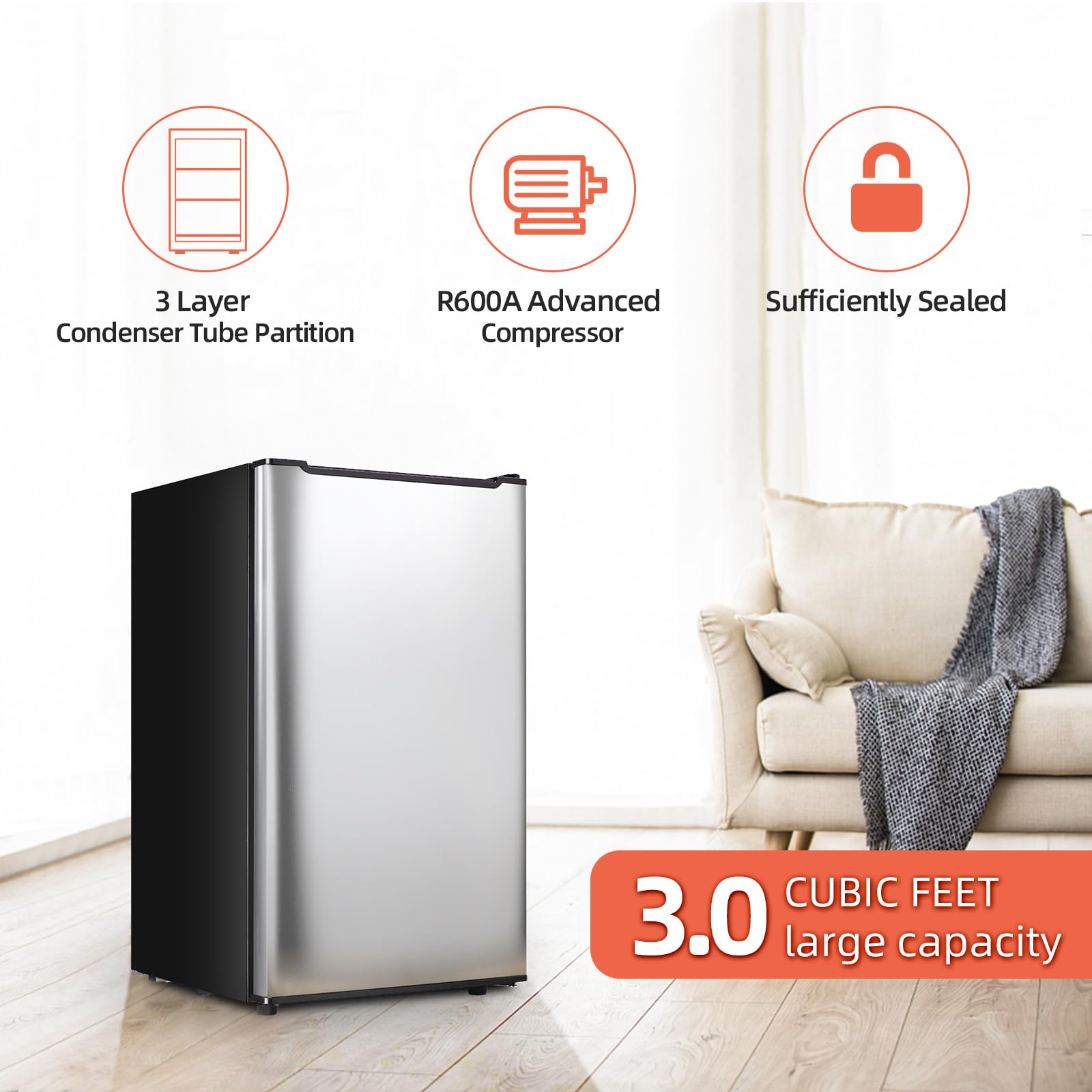 Mini Upright freezer 3.6 Cubic Feet Mini Freezer, Single Door Compact Freezer with Reversible Stainless Steel Door, 3-Speed Temperature Adjustment Small freezer for Home, Glossy Silver