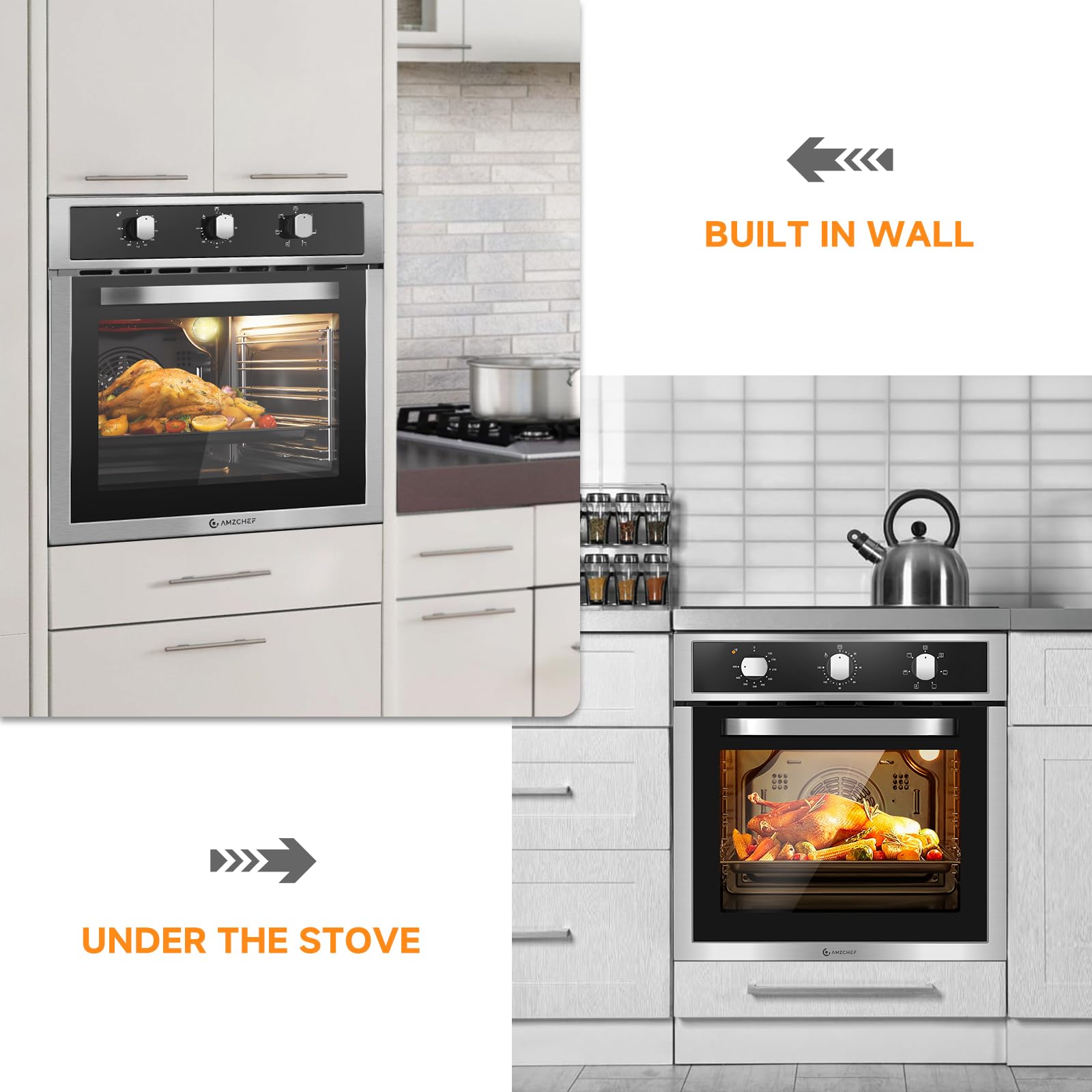 24" Single Wall Oven for Kitchen: 2200W Built-in Electric Wall Oven with Mechanical Knobs Control, 2.65 Cu.ft. Stainless Steel Wall Oven with 5 Cooking Modes, 360° ROTATING ROTISSERIE, Timer