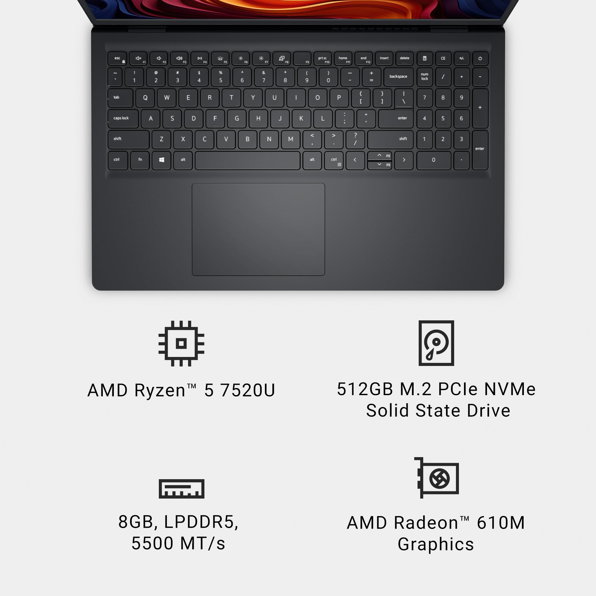 Dell 15 Laptop DC15250-15.6-inch FHD 120Hz Display, Intel Core 3 Processor 100U, 8GB DDR4 RAM, 512GB SSD, Intel UHD Graphics, Windows 11 Home, Onsite Service - Carbon Black