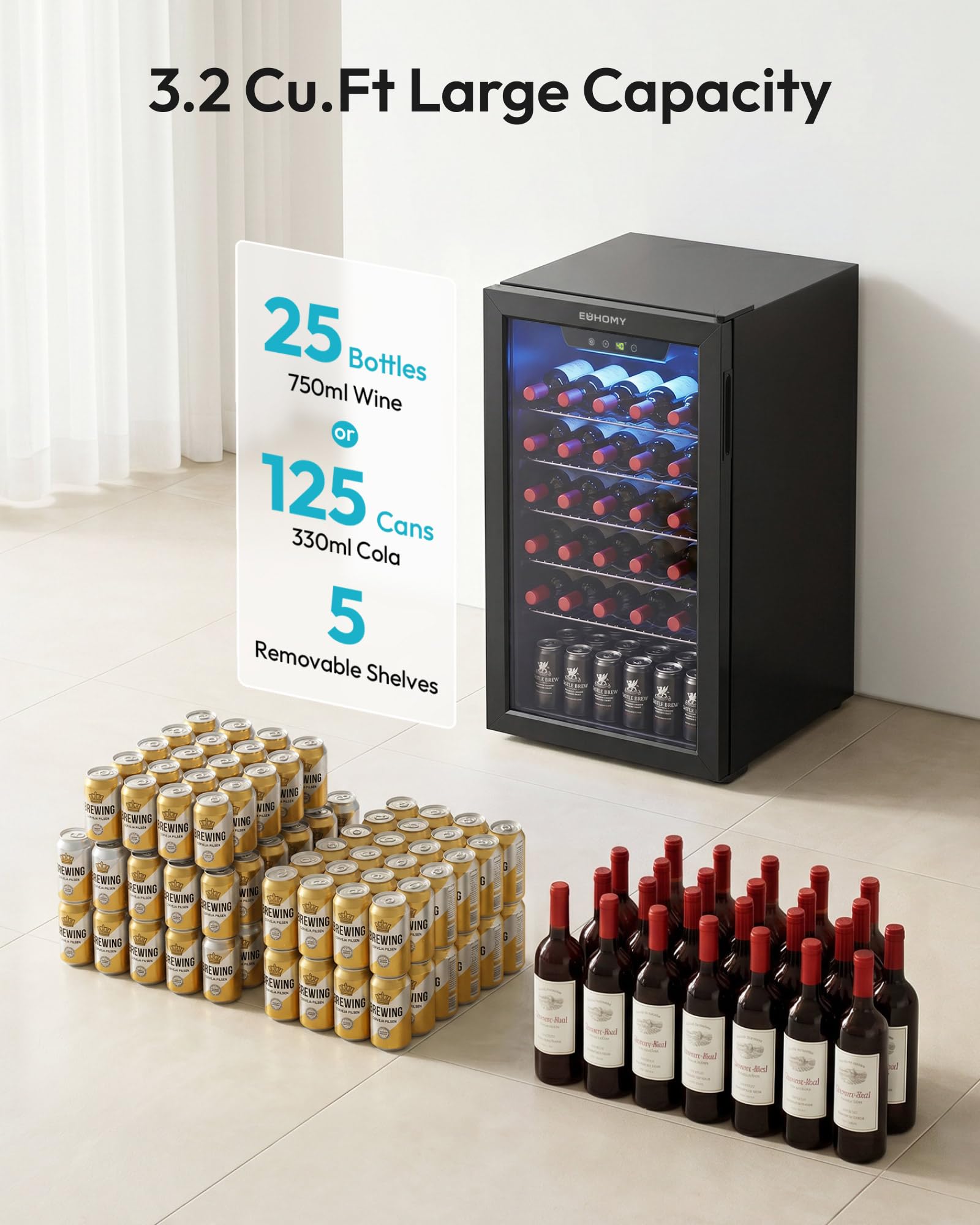 EUHOMY 25 bottle Wine Cooler Refrigerator, Freestanding Compressor Wine Fridge with Adjustable Temperature and Digital Control, Mini Fridge with Glass Door for Red White Wine, Beer, Black