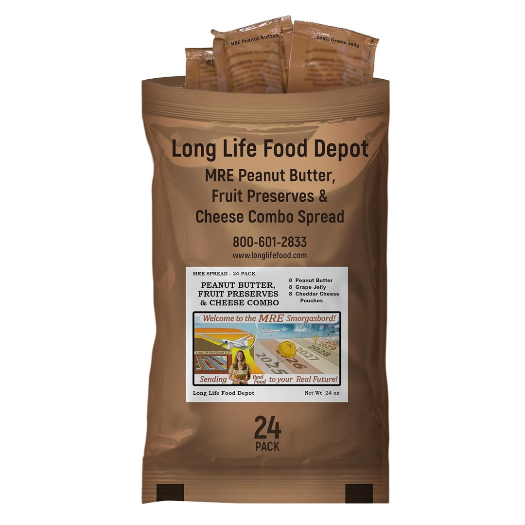 MRE Peanut Butter, Jam & Cheese Spread Combo (24-Pack) – Long Shelf Life – 2023+ Production Dates by Long Life Food Depot – Meals Ready to Eat