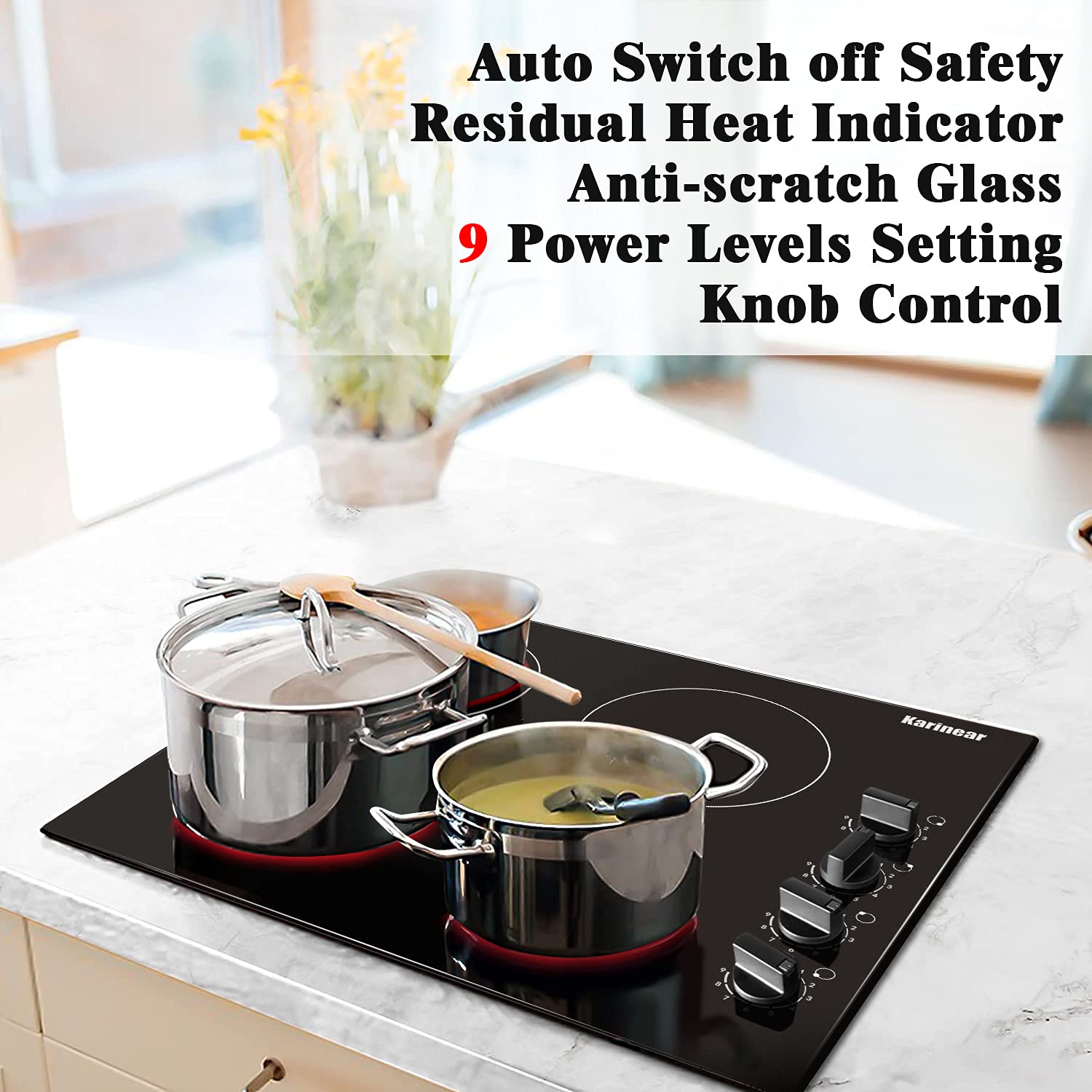 Karinear 30 Inch Electric Cooktop 4 Burners, Knob Control Built-in Ceramic Cooktop, 30" Radiant Electric Stove Top with Glass Protection Metal Frame,Fits Most Existing Cutouts, 220-240v, Hard Wire