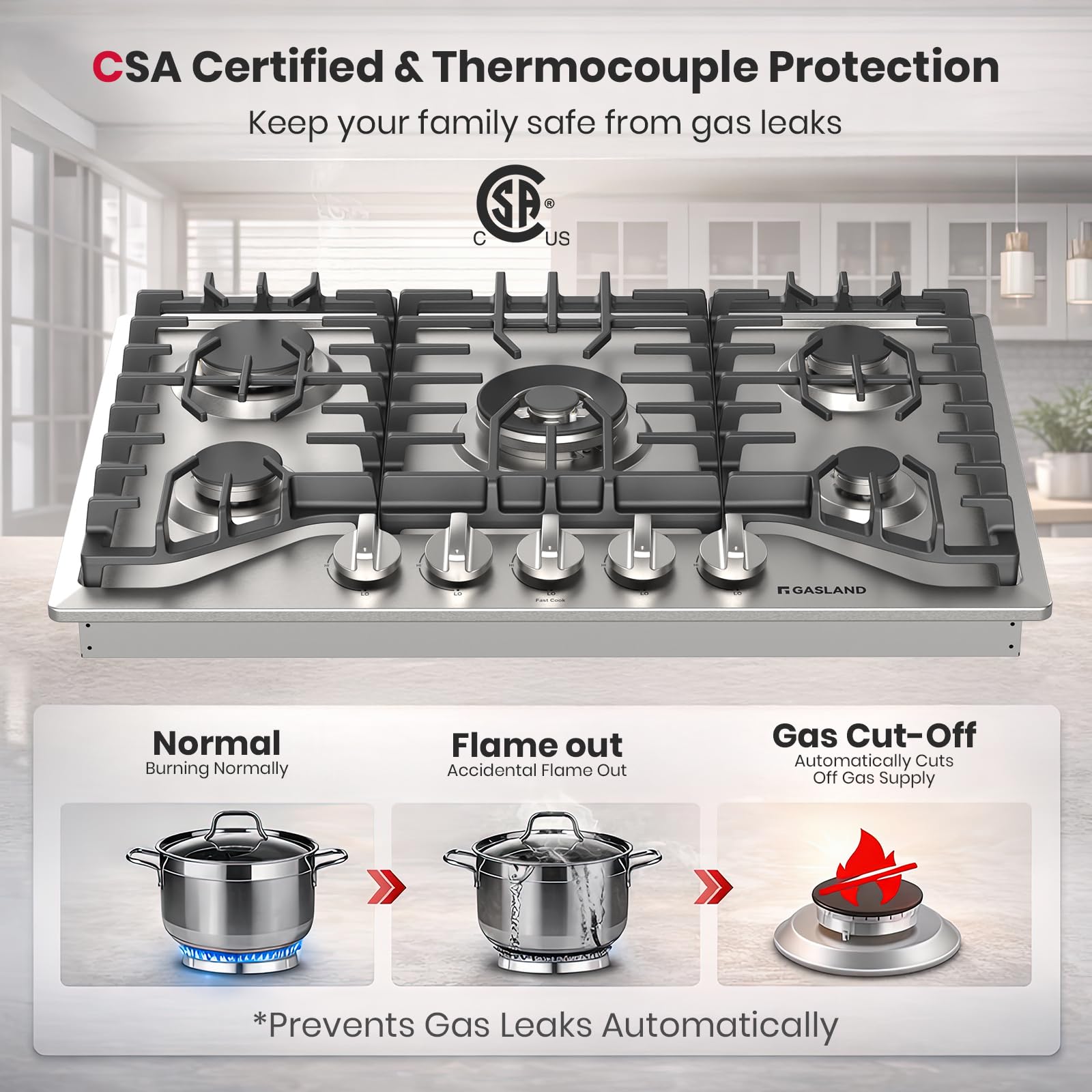 GASLAND 36 Inch Gas Cooktop, PRO GH2365SF 5 Italy Sealed Burner Propane Stovetop, NG/LPG Convertible Gas Cooktops, Plug-in with Thermocouple Protection, CSA Certified, Stainless Steel
