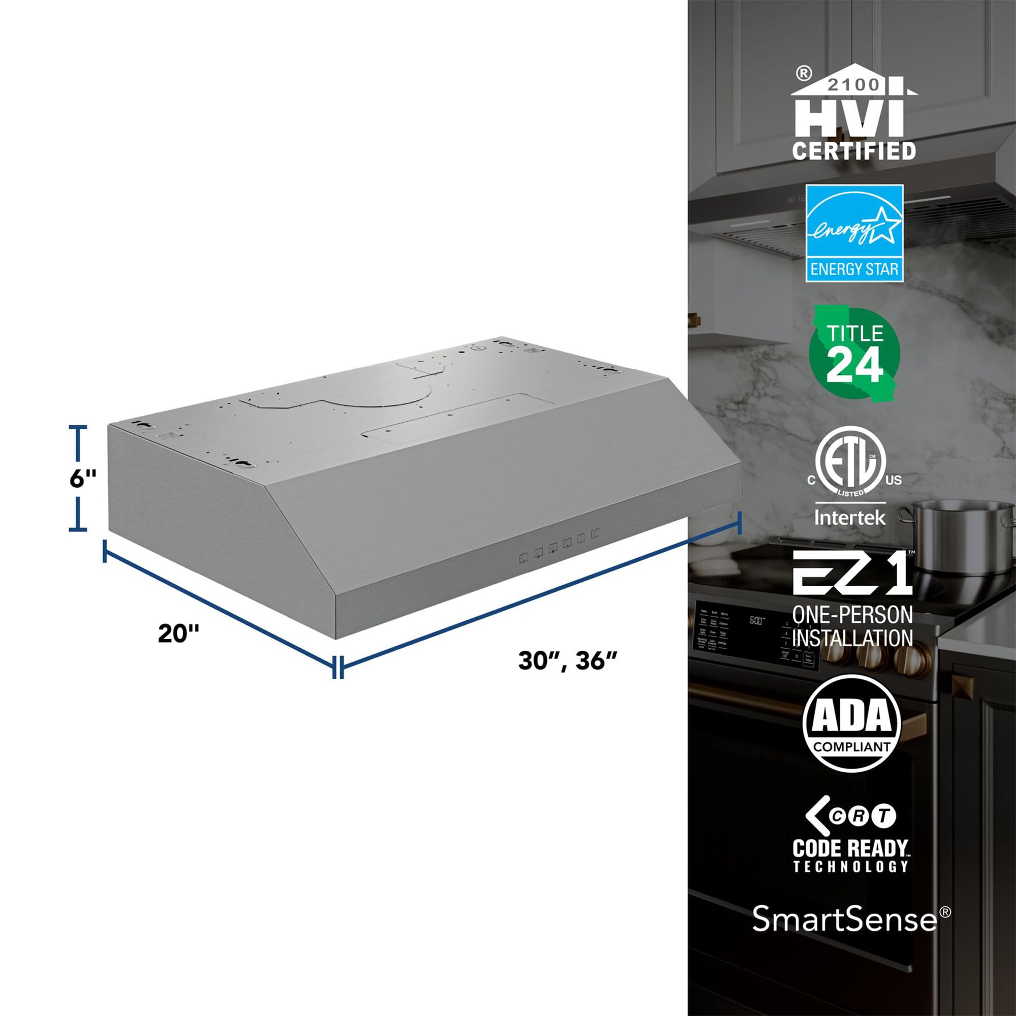 Broan-NuTone BCSQ130SS Three-Speed Glacier Under-Cabinet Range Hood with LED Lights ADA Capable, 1.5 Sones, 375 Max Blower CFM, 30-Inch, Stainless Steel