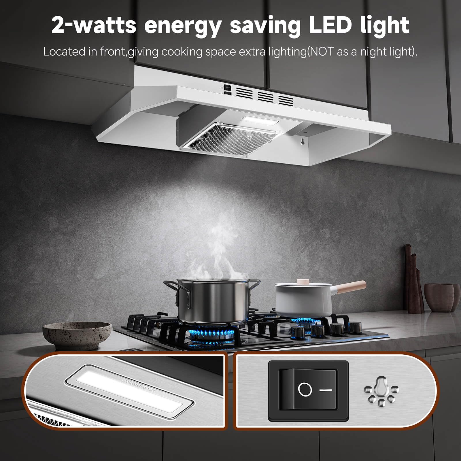 SNDOAS Range Hood 30 inch Under Cabinet, Ducted/Ductless Convertible Kitchen Hood, Stainless Steel Vent Hood with LED Light,Under Cabinet Hood with 2 Speed Exhaust Fan,Black
