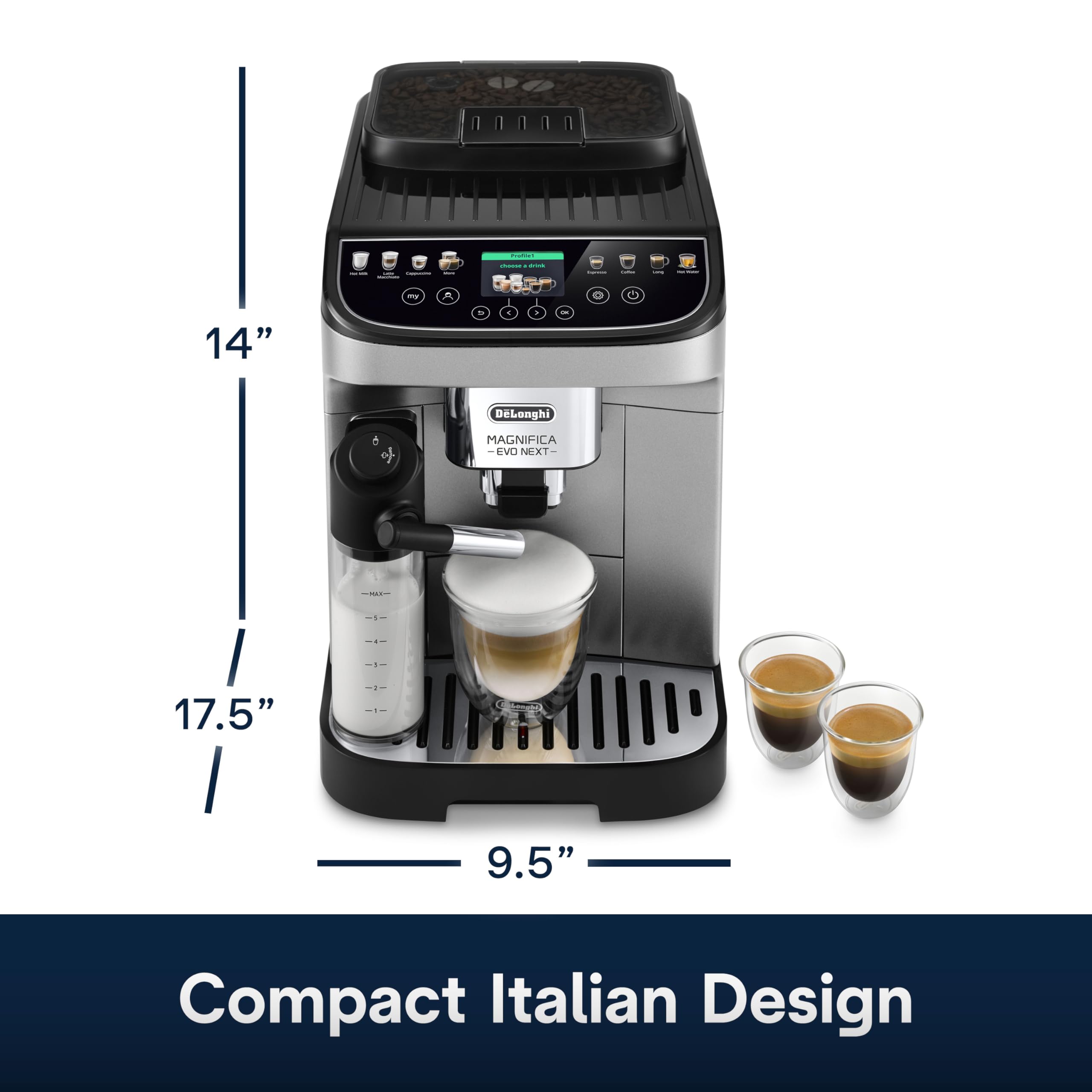 De'Longhi Magnifica Evo Automatic Espresso & Coffee Machine with Auto Milk Frother, Built-in Grinder & Auto-Clean Function - For Latte, Cappuccino, Americano, Iced Coffee, ECAM29084SB , Silver
