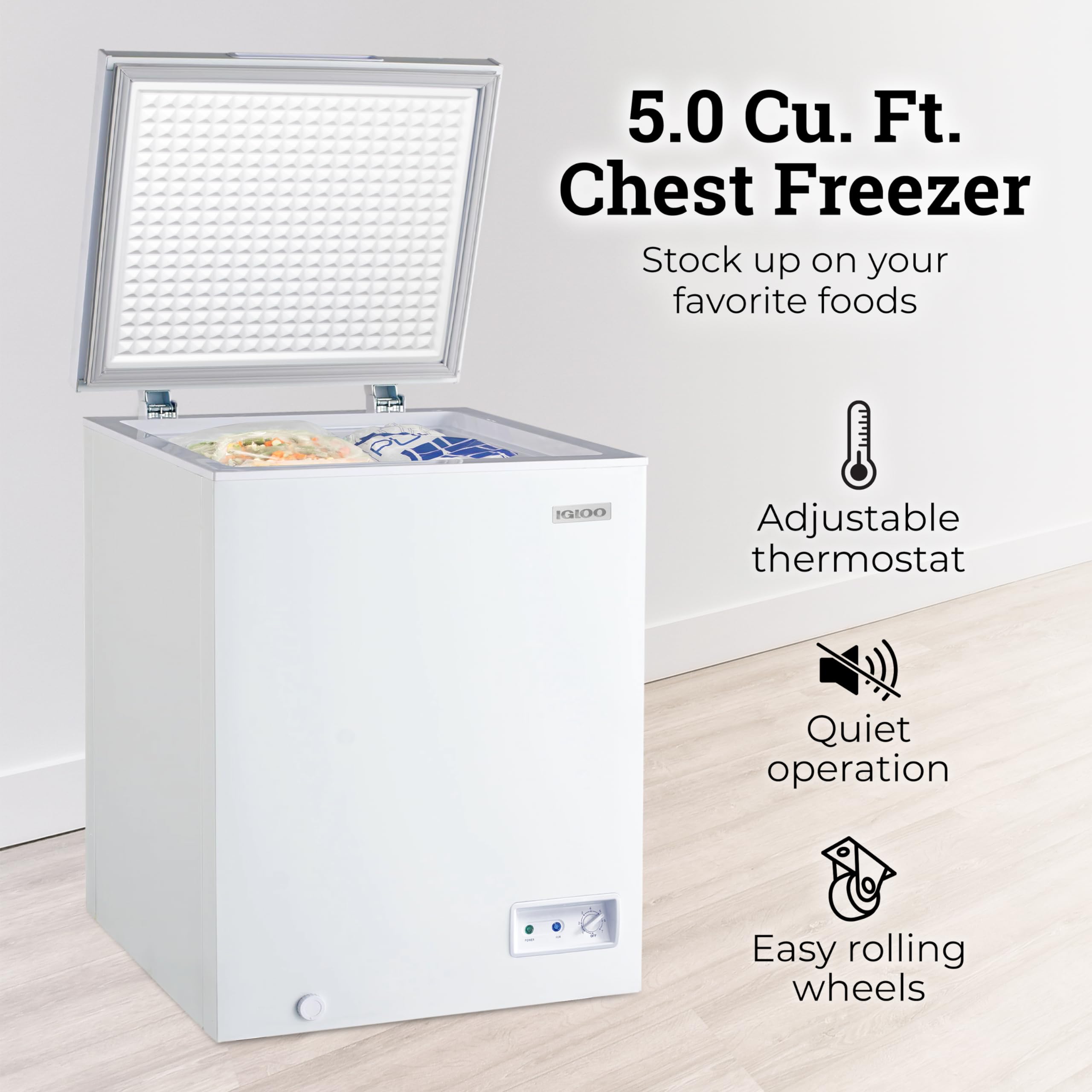 Igloo 3.5 Cu Ft. Upright Deep Freezer Chest- Deep Freezer with Quick Freezing System & Adjustable Thermostat- Low Noise Freezer with Removable Basket & LED Lights for Homes, Garages & Basements- Black