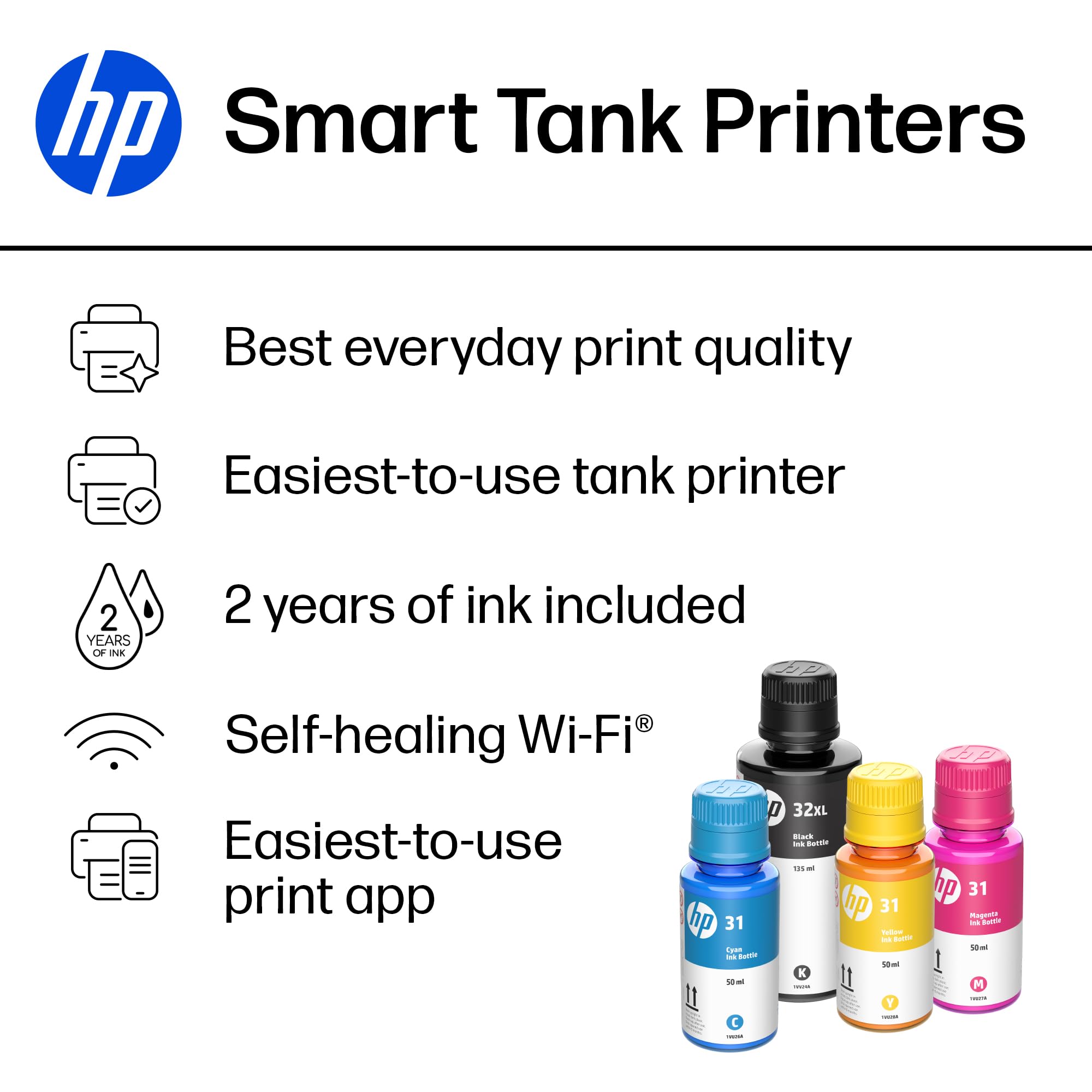 HP Smart Tank 5101 Wireless All-in-One Refillable Printer, Scanner, Copier with 2 Years of Ink Included, Wireless (2.4ghz only) Printer-for-Home use (1F3Y0A)