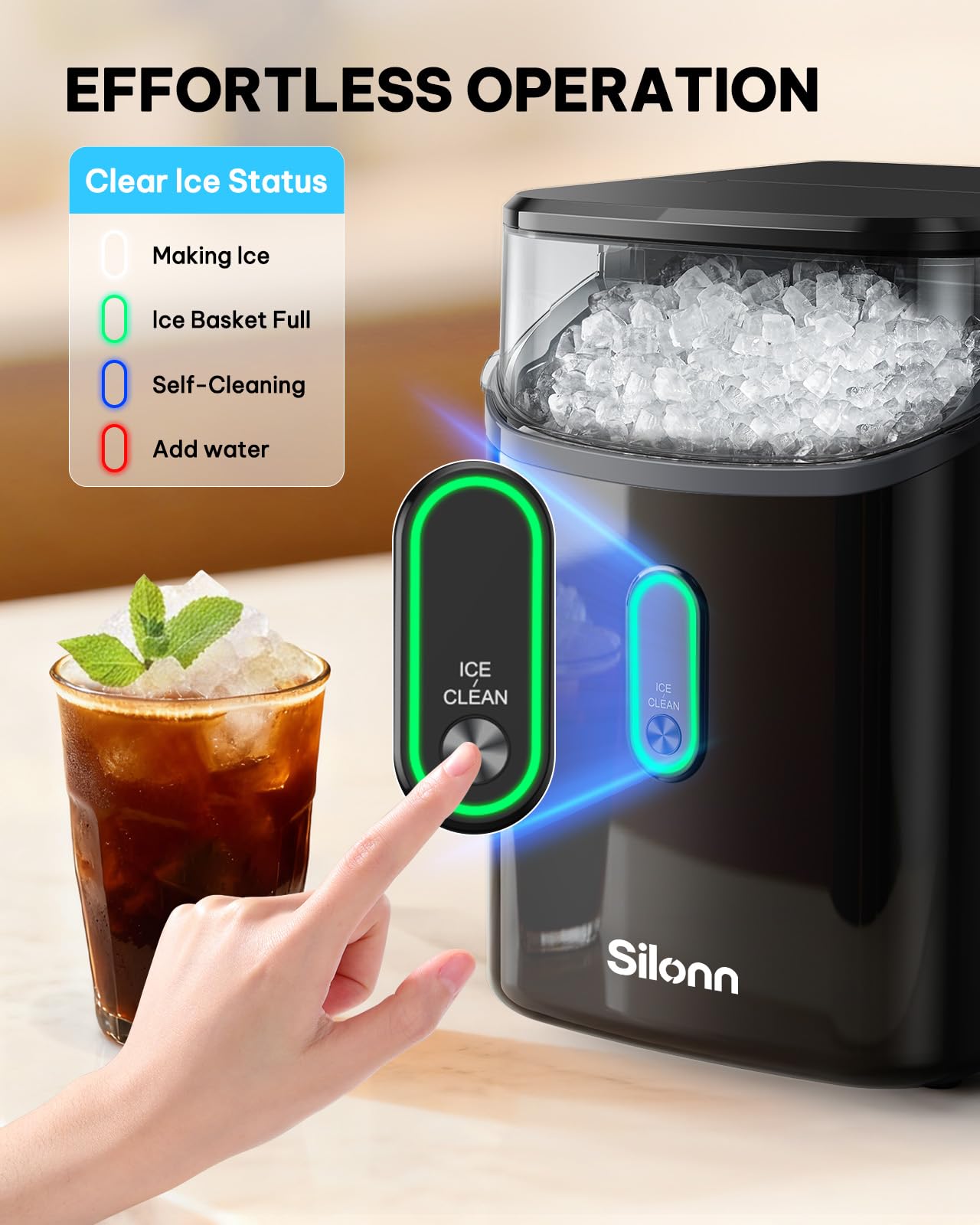 Silonn Ice Maker Countertop, Portable Ice Machine with Carry Handle, Self-Cleaning Ice Makers with Basket and Scoop, 9 Cubes in 6 Mins, 26 lbs per Day, Ideal for Home, Kitchen, Camping, RV