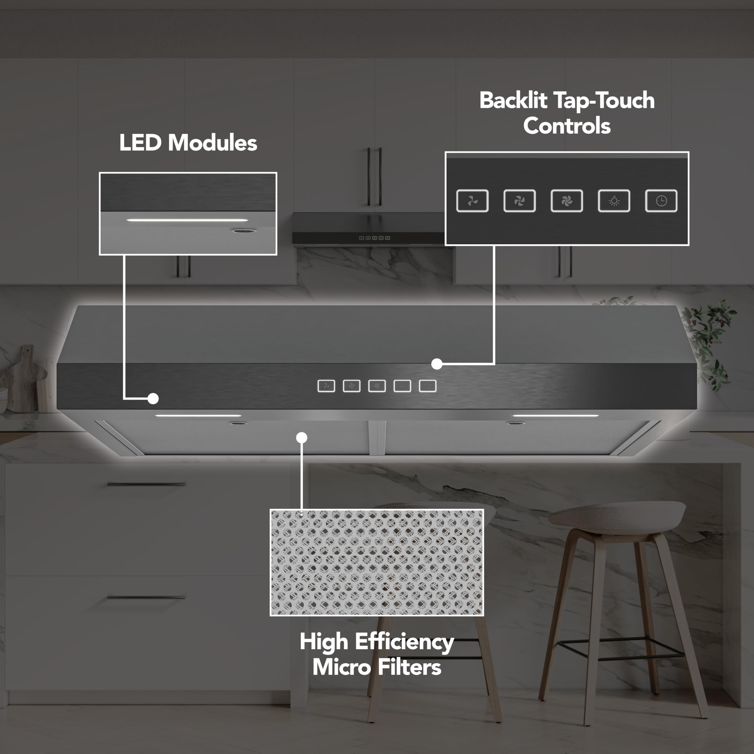 Broan-NuTone BCSQ130SS Three-Speed Glacier Under-Cabinet Range Hood with LED Lights ADA Capable, 1.5 Sones, 375 Max Blower CFM, 30-Inch, Stainless Steel