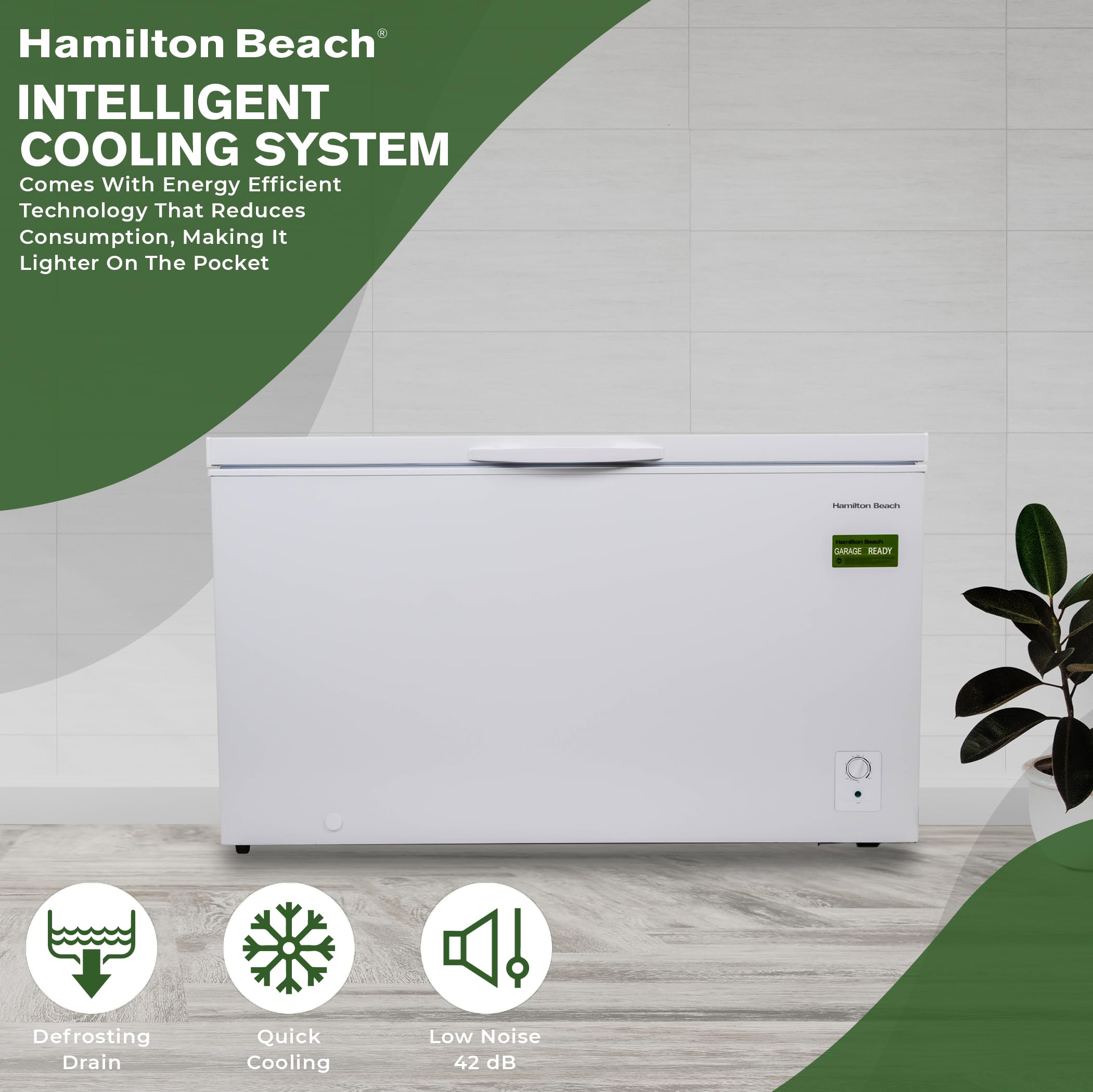 Hamilton Beach HBFRF2129 21 cu ft Double Door LID Garage-Ready Chest Freezer-White, Vinyl-Coated Baskets, Space-Saving Flat Back, Stay-Open, Front-Access Drain, for Storage, Hunting, Large Family