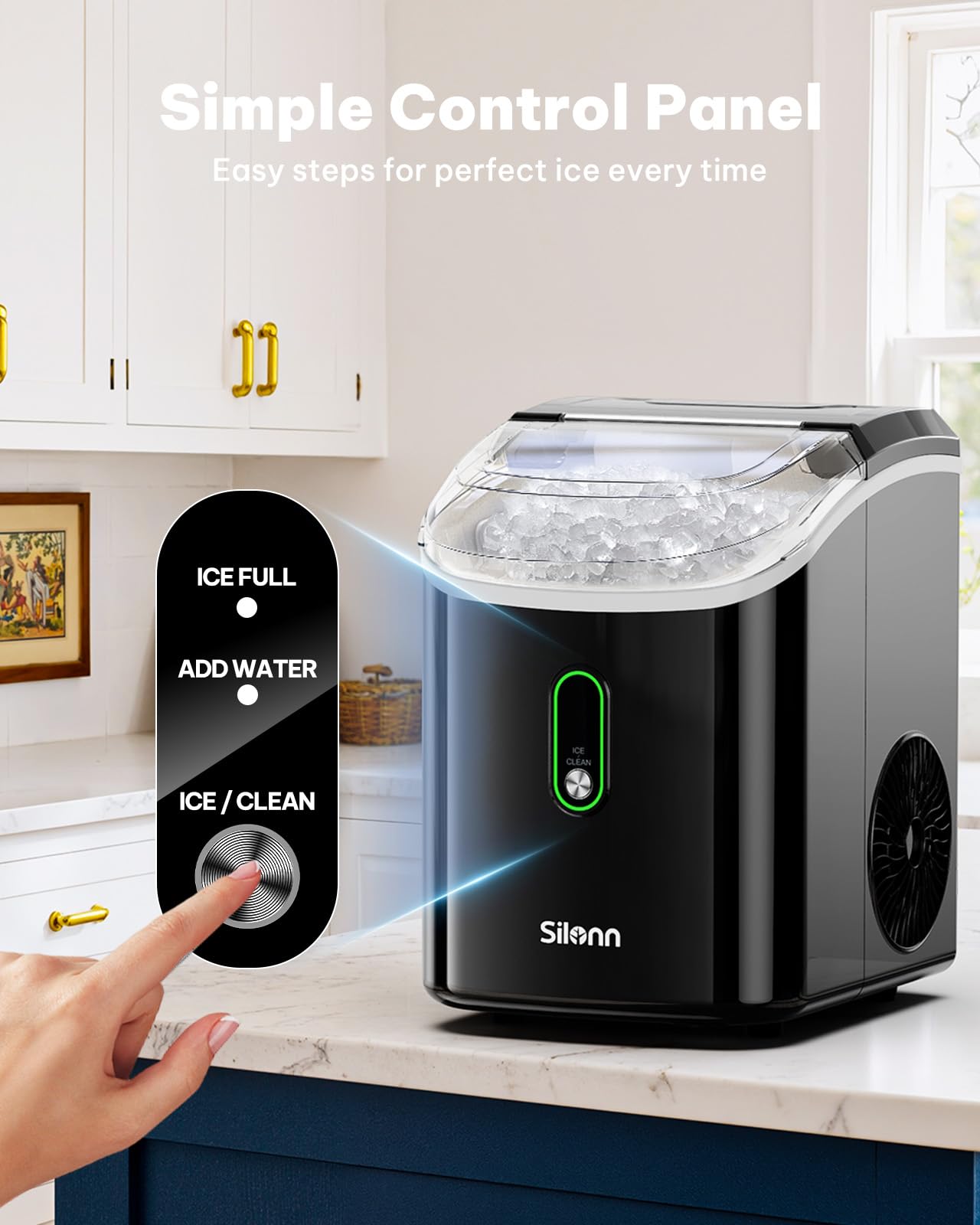 Nugget Ice Maker Countertop, Silonn Chewable Pellet Ice Machine with Self-Cleanin Function, 36lbs/24H Portable Ice Makers for Home Kitchen Officce, Black
