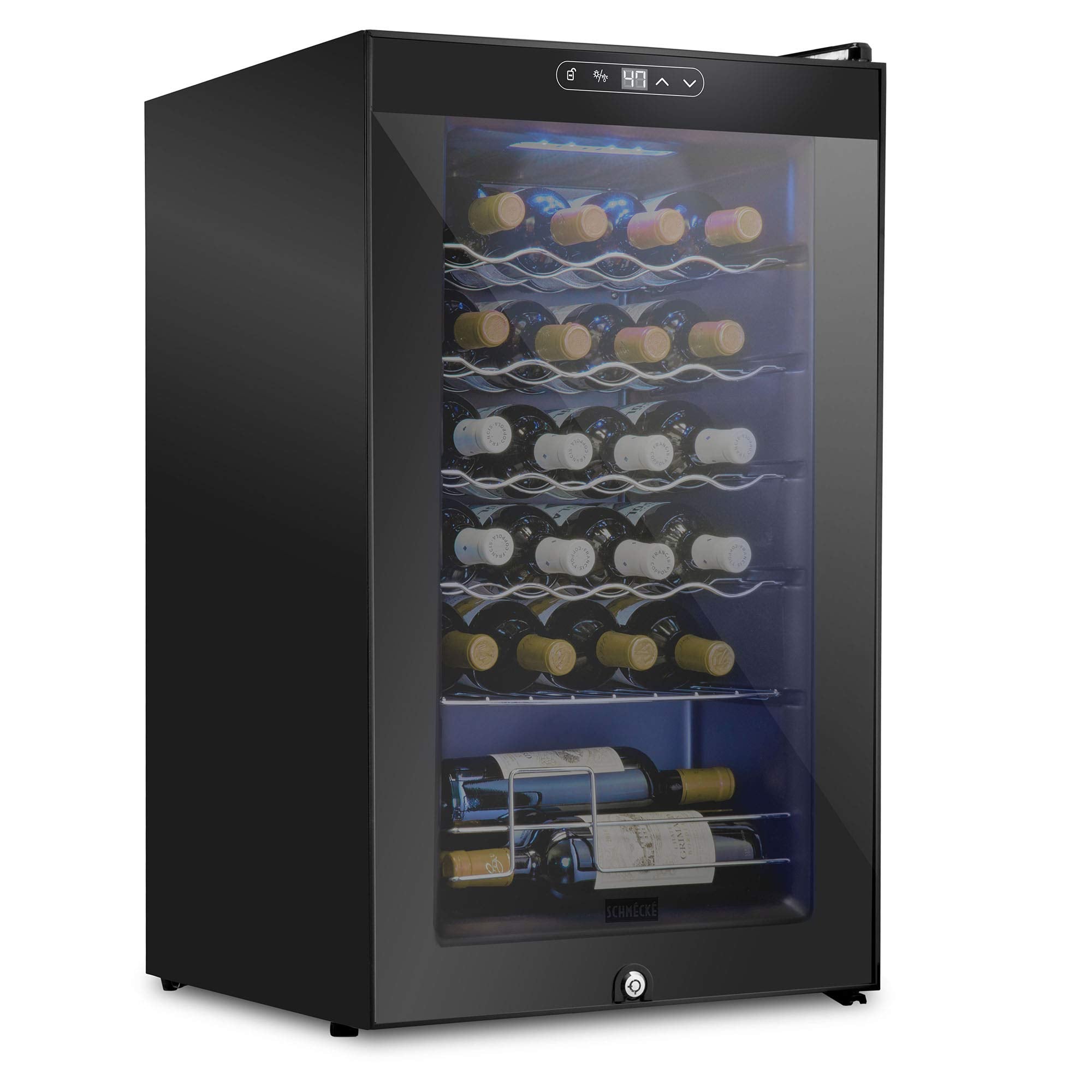 SCHMECKE 28 Bottle Compressor Wine Cooler Refrigerator w/Lock - Large Freestanding Wine Cellar - 41f-64f Digital Temperature Control Wine Fridge For Red, White, Champagne or Sparkling Wine - Black