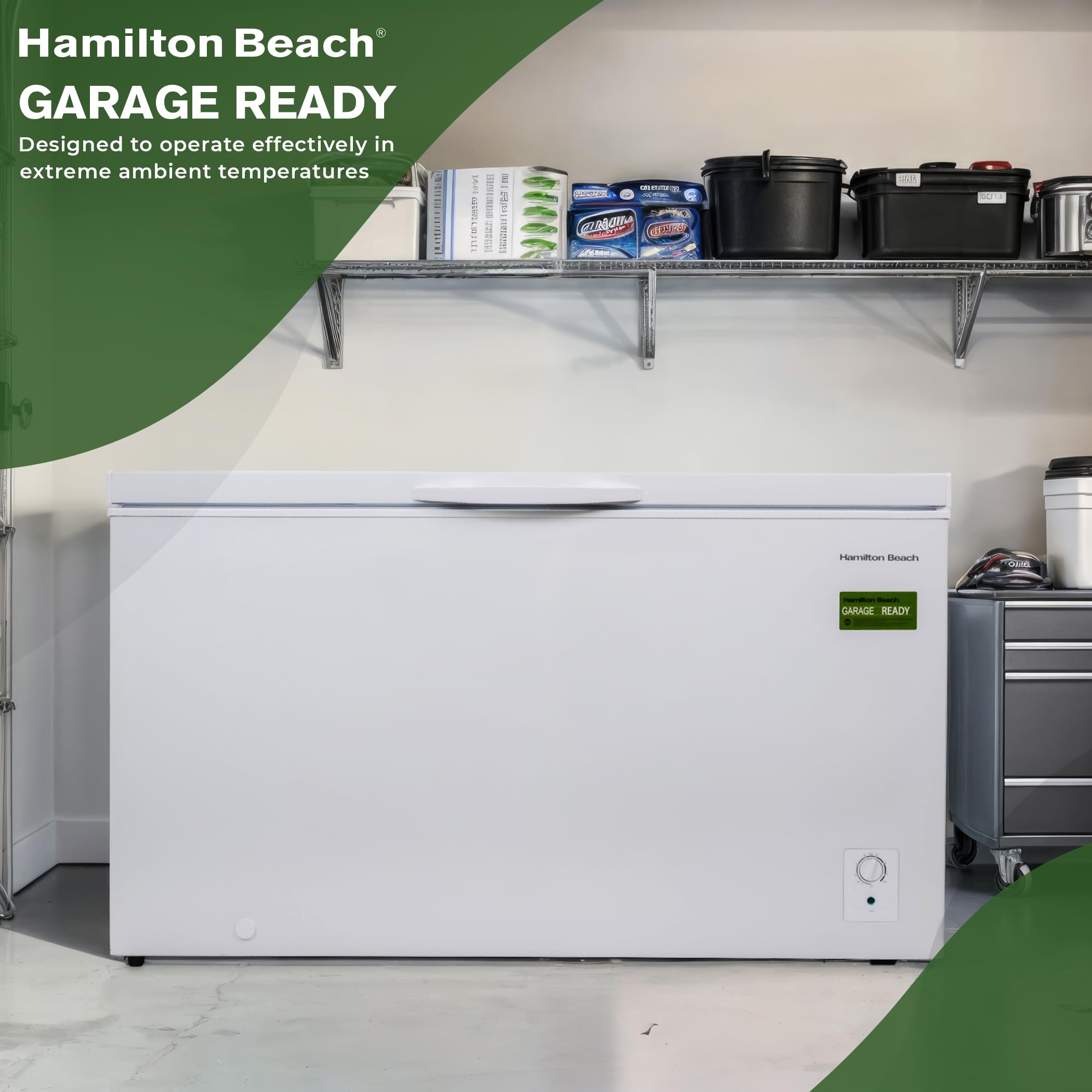 Hamilton Beach HBFRF2129 21 cu ft Double Door LID Garage-Ready Chest Freezer-White, Vinyl-Coated Baskets, Space-Saving Flat Back, Stay-Open, Front-Access Drain, for Storage, Hunting, Large Family