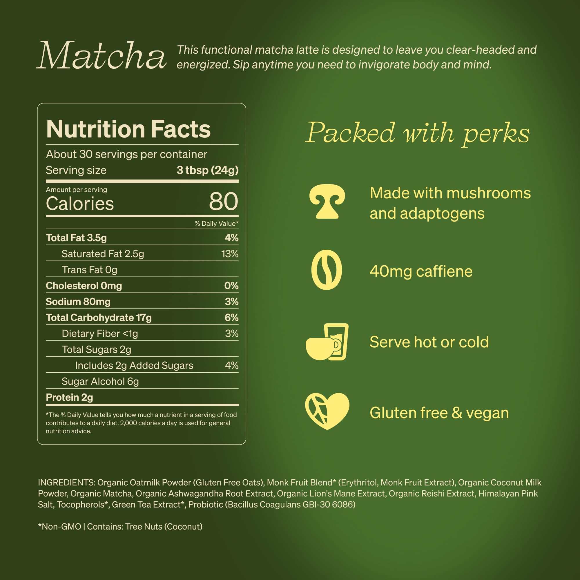 Clevr Organic Matcha Green Tea Latte, Instant Ceremonial Grade, Superfood Powder Blend with Oat Milk, Lions Mane, Reishi Mushroom, Coconut Cream, Ashwagandha, Serve Hot or Iced, (14 Lattes)
