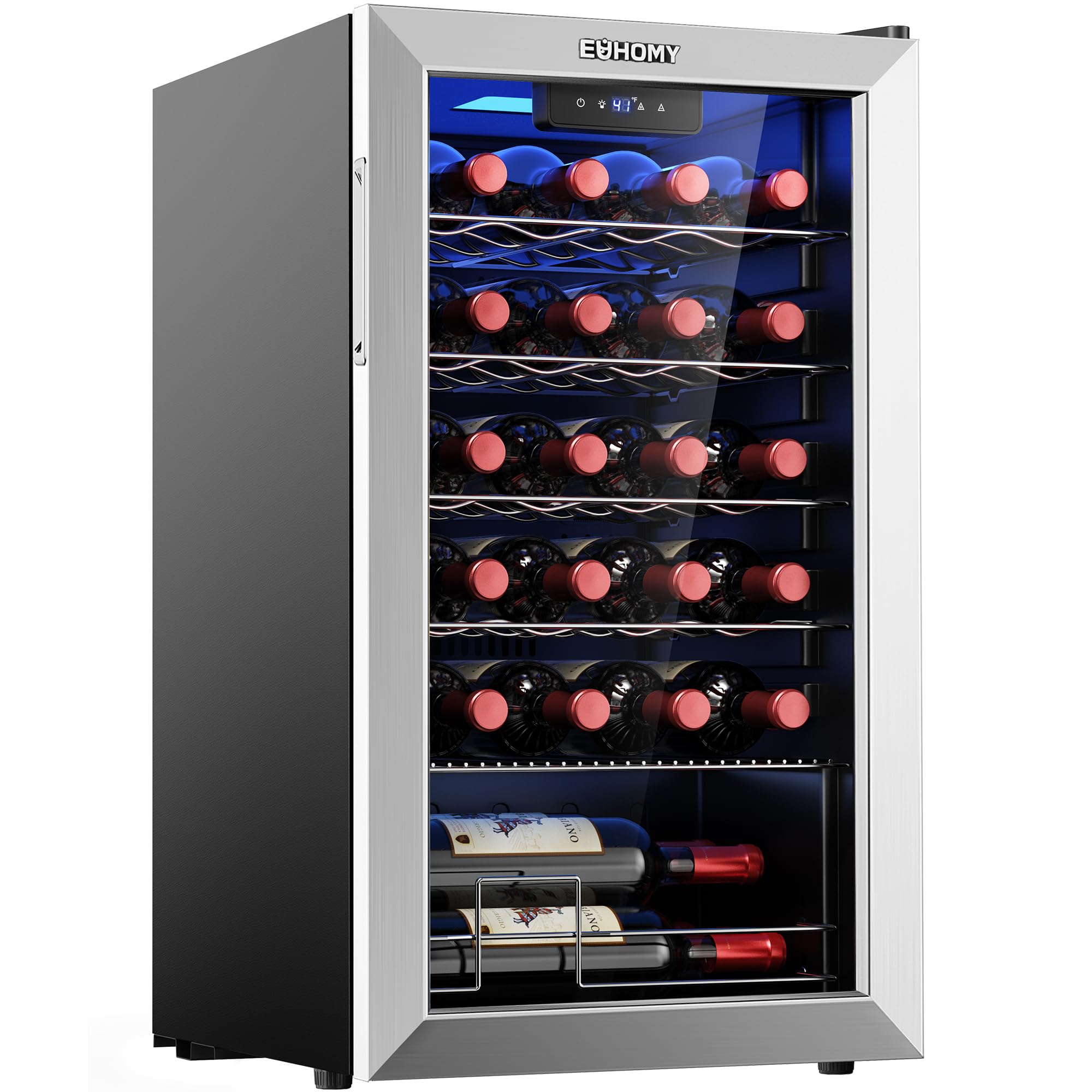 EUHOMY 25 bottle Wine Cooler Refrigerator, Freestanding Compressor Wine Fridge with Adjustable Temperature and Digital Control, Mini Fridge with Glass Door for Red White Wine, Beer, Black