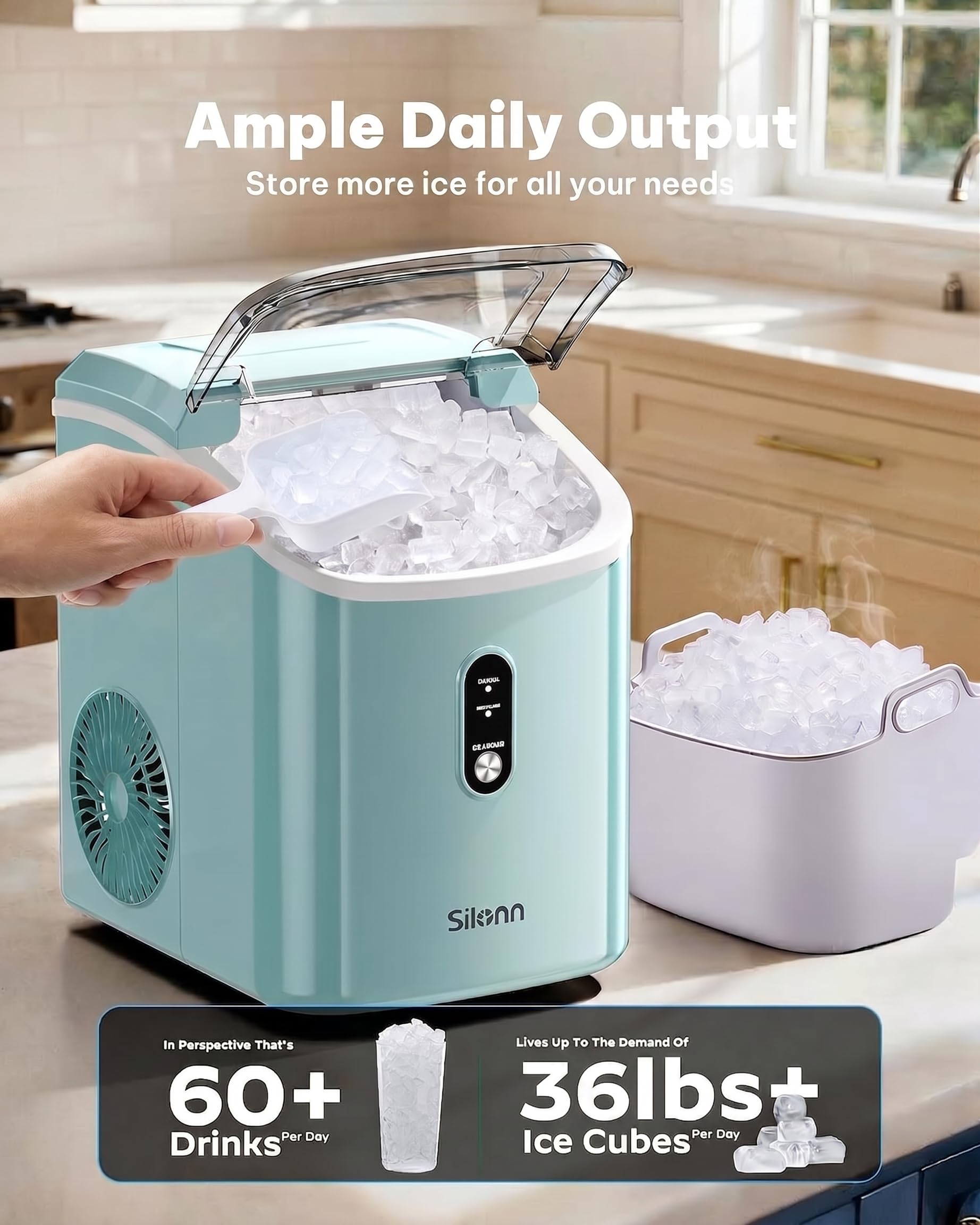 Nugget Ice Maker Countertop, Silonn Chewable Pellet Ice Machine with Self-Cleanin Function, 36lbs/24H Portable Ice Makers for Home Kitchen Officce, Black