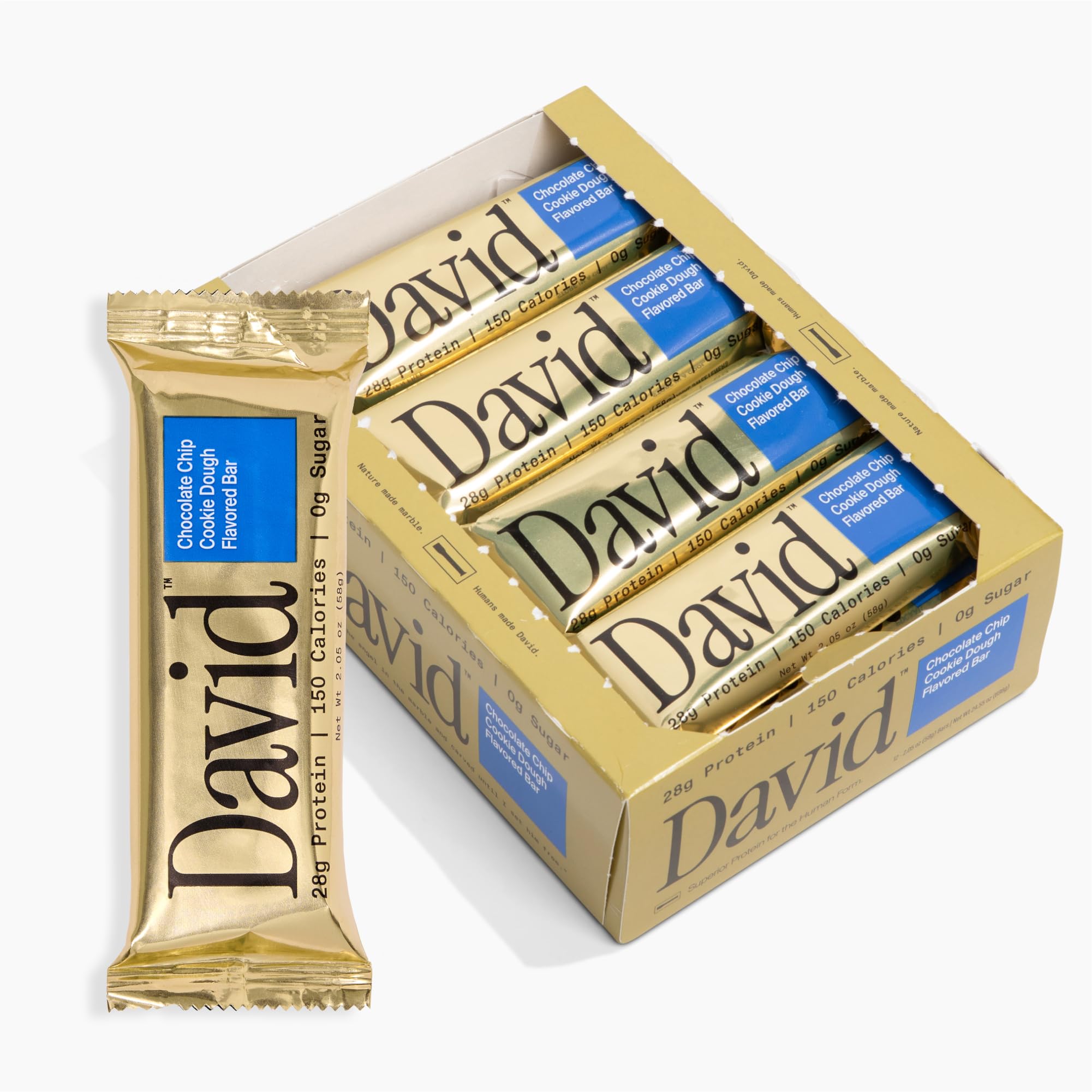 David High Protein Bars No Sugar - Sugar Free Protein Bars, Low Carb, Gluten Free - 28g of Protein, 150 Calories - David Bar On-The-Go Snack - Peanut Butter Chocolate Chunk Flavor, Pack of 12