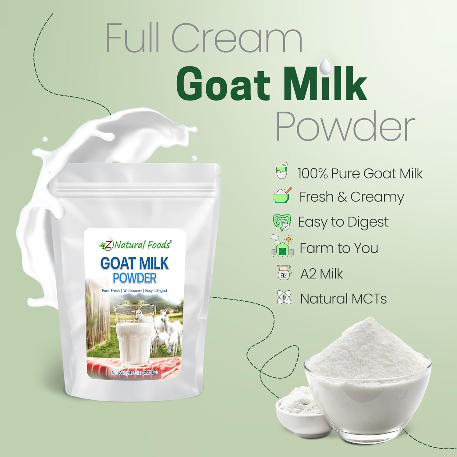 Z Natural Foods Premium Whole Milk Powder - Powdered Milk for Baking, Cooking, Drinks - Dry Milk Powder, Pasteurized, Non-GMO, Gluten-Free, Kosher-Certified, 5 lbs