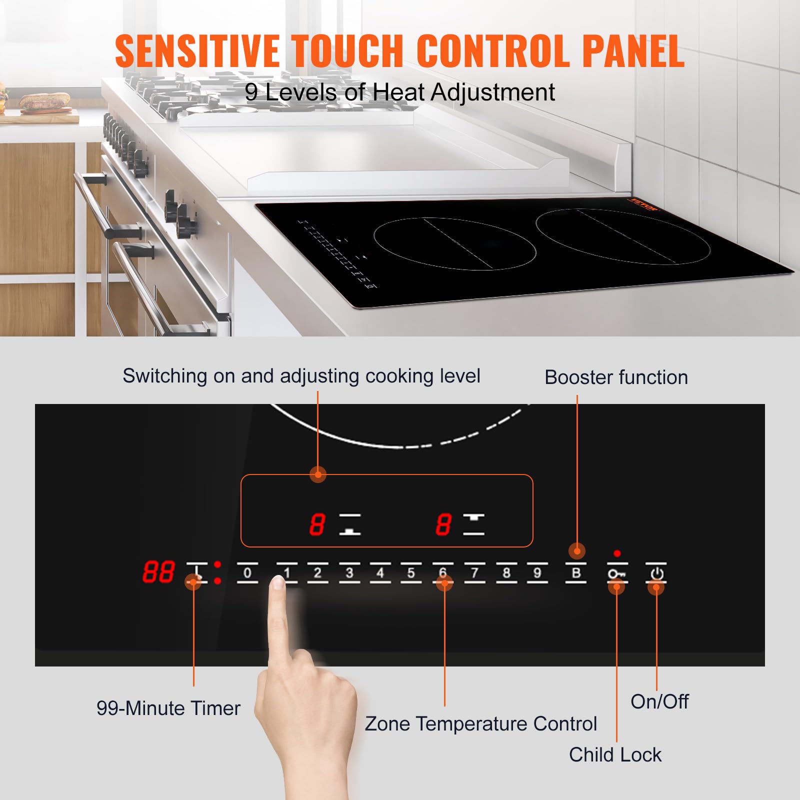 VEVOR Built-in Induction Electric Stove Top 30 Inch,5 Burners Electric Cooktop,9 Power Levels & Sensor Touch Control,Easy to Clean Ceramic Glass Surface,Child Safety Lock,240V